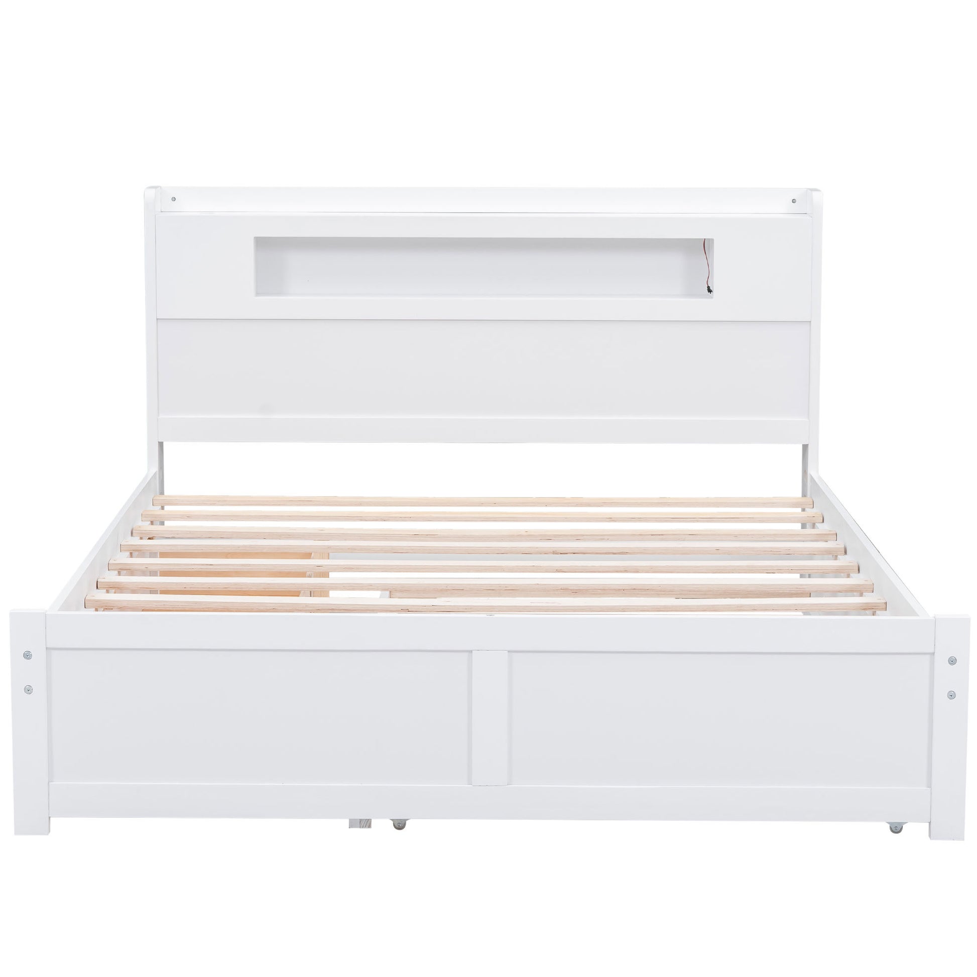 Queen Size Wood Storage Platform Bed With Led, 2 Drawers And 1 Twin Size Trundle, White Box Spring Not Required Queen White Wood Bedroom Bed Frame Solid Wood Mdf