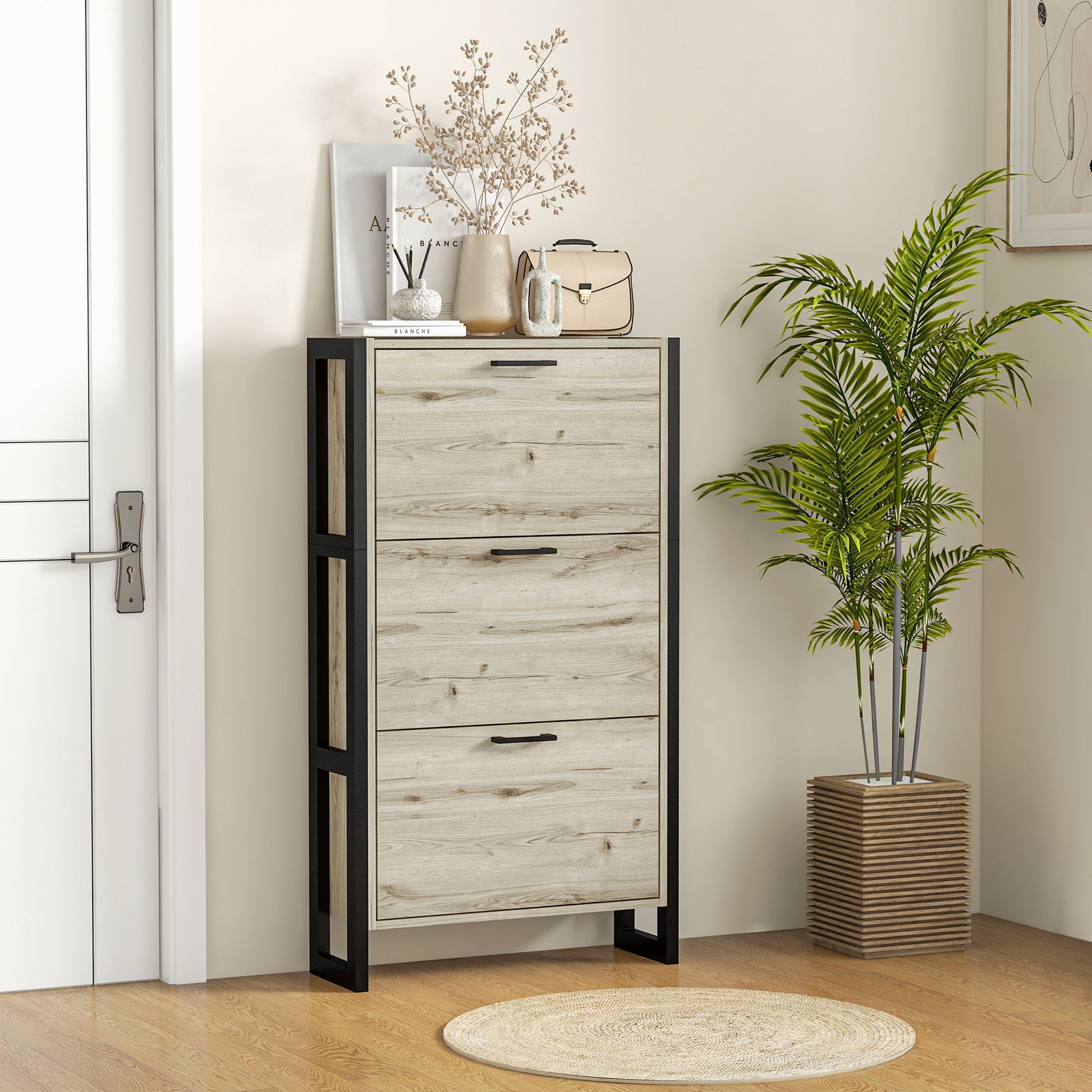 Industrial Shoe Cabinet With 3 Flip Drawers, Freestanding Shoe Storage Cabinet For 15 Pairs, Narrow Slim Shoe Rack For Entryway, Hallway, Walnut Walnut Mdf