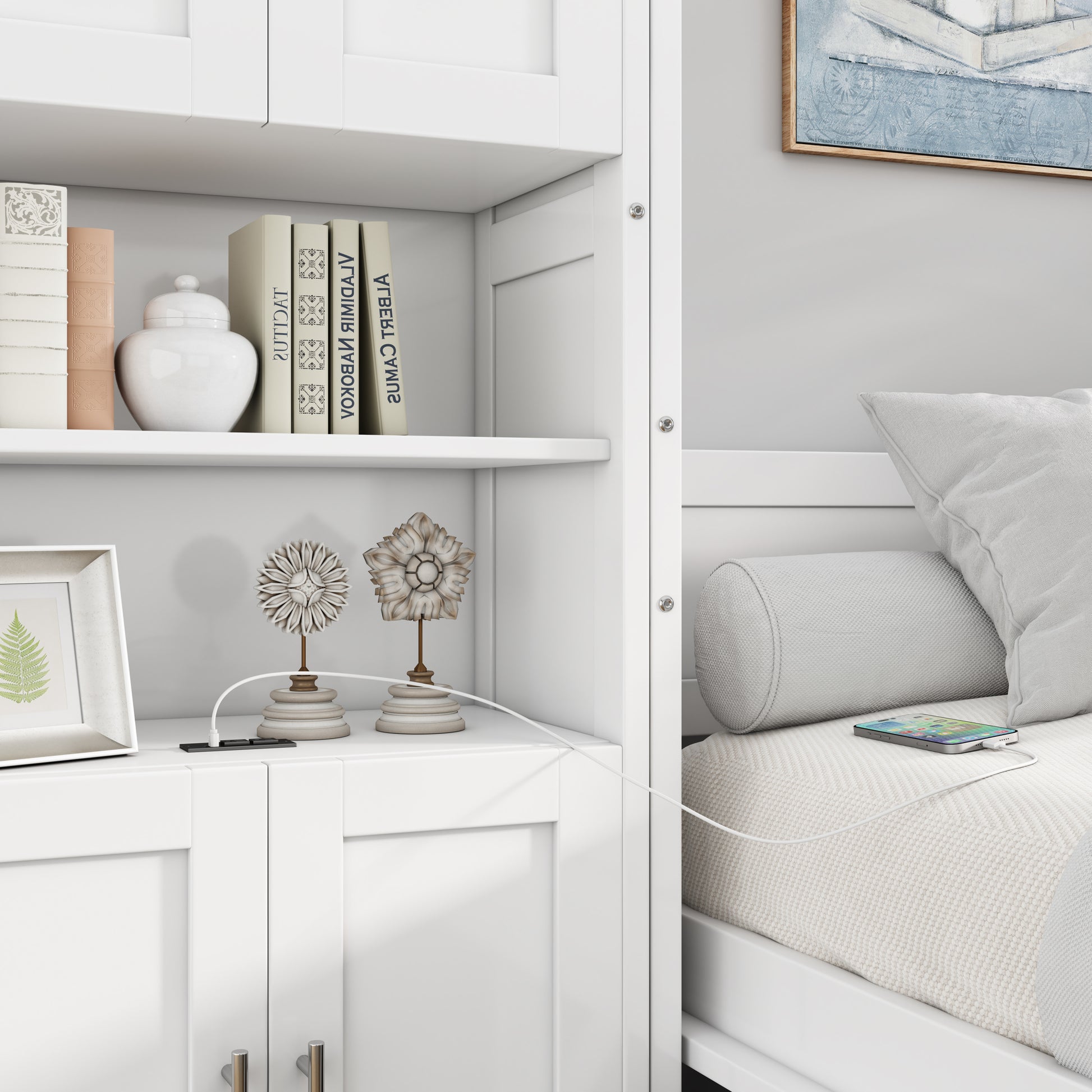 Queen Size Murphy Bed With 2 Side Cabinet Storage Shelves, 68 Inch Cabinet Bed Folding Wall Bed With Desk Combo Perfect For Guest Room, Study, Office,White Old Sku:Bs400491Aac Box Spring Not Required Queen White Wood White Pine Murphy Solid Wood Mdf