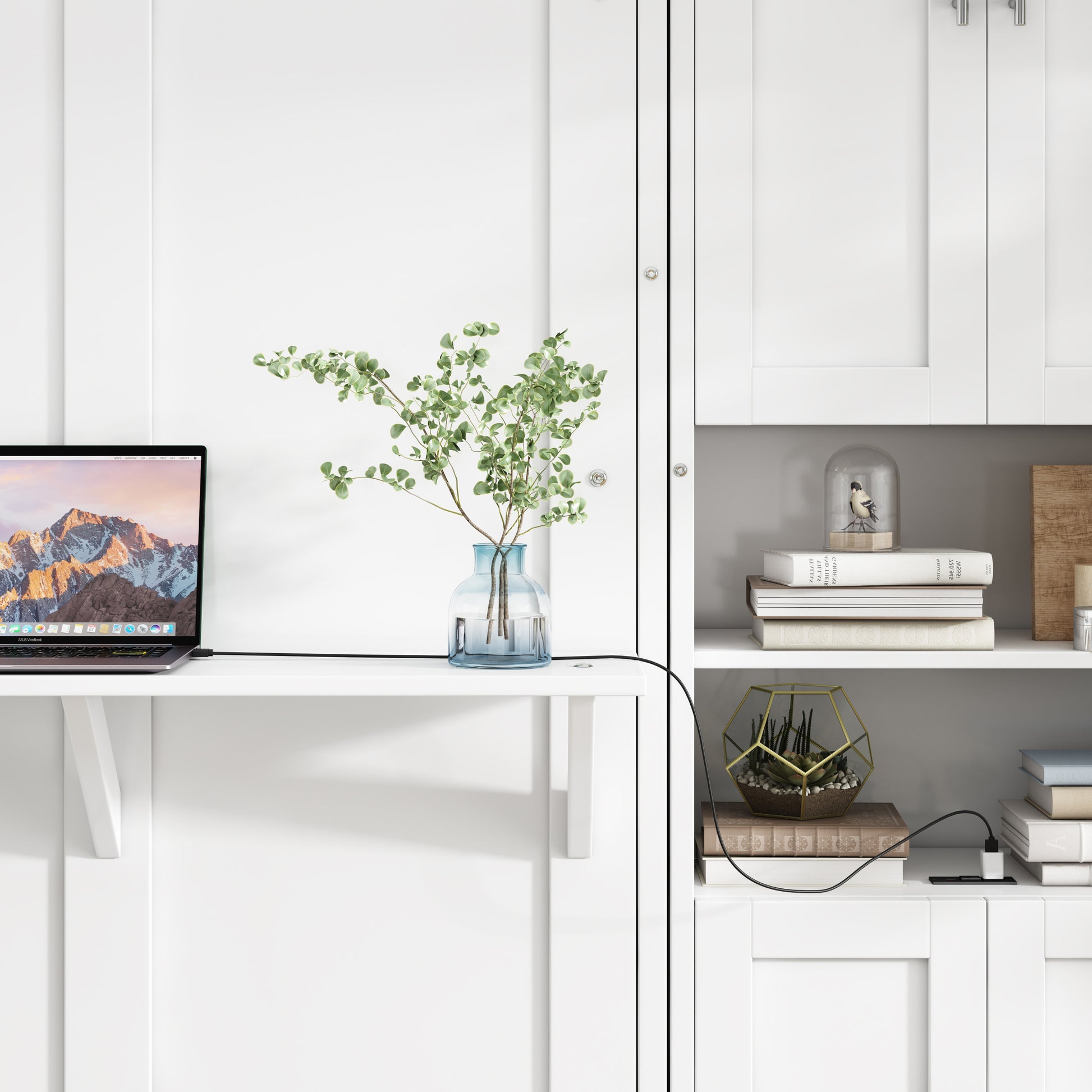 Queen Size Murphy Bed With 2 Side Cabinet Storage Shelves, 68 Inch Cabinet Bed Folding Wall Bed With Desk Combo Perfect For Guest Room, Study, Office,White Old Sku:Bs400491Aac Box Spring Not Required Queen White Wood White Pine Murphy Solid Wood Mdf