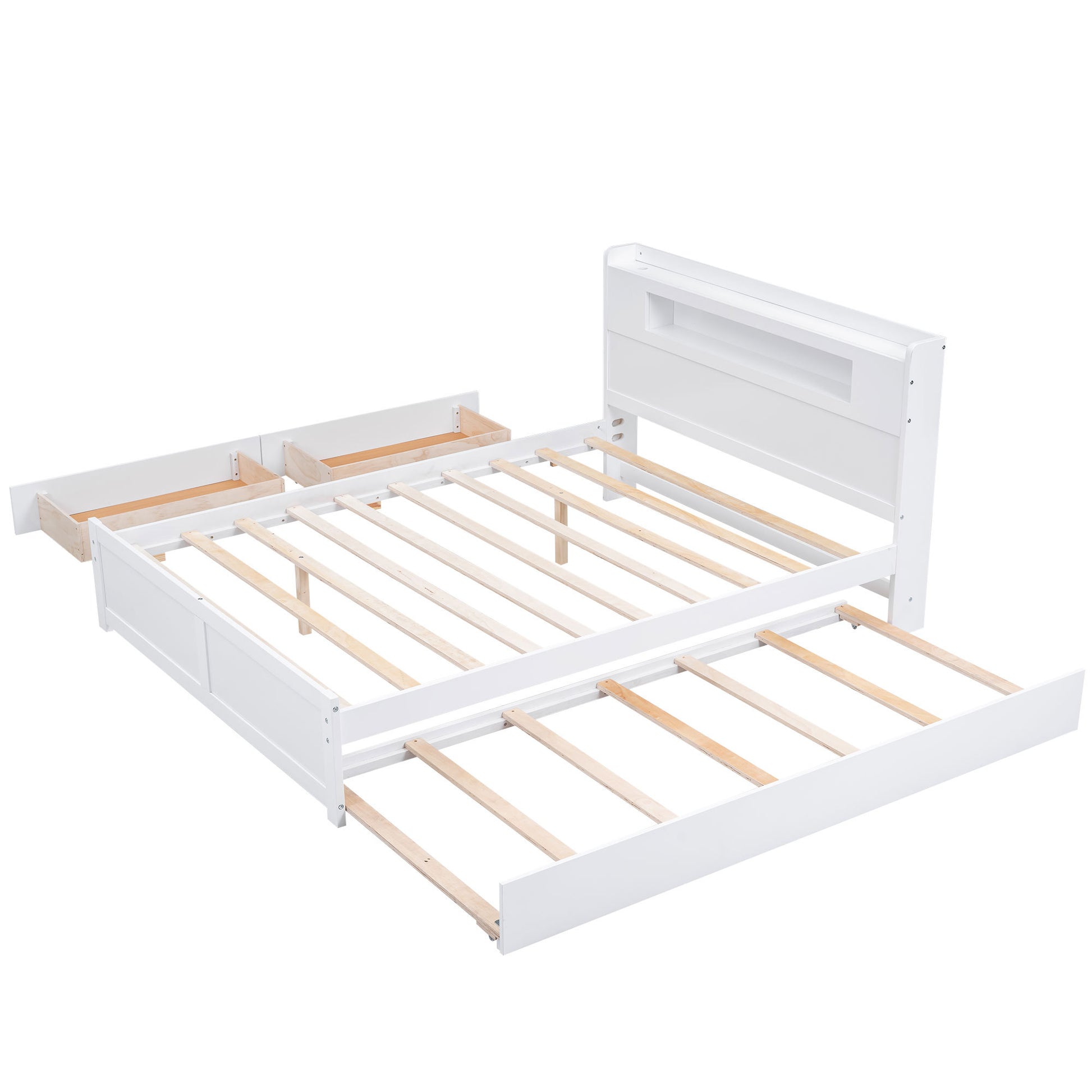Queen Size Wood Storage Platform Bed With Led, 2 Drawers And 1 Twin Size Trundle, White Box Spring Not Required Queen White Wood Bedroom Bed Frame Solid Wood Mdf