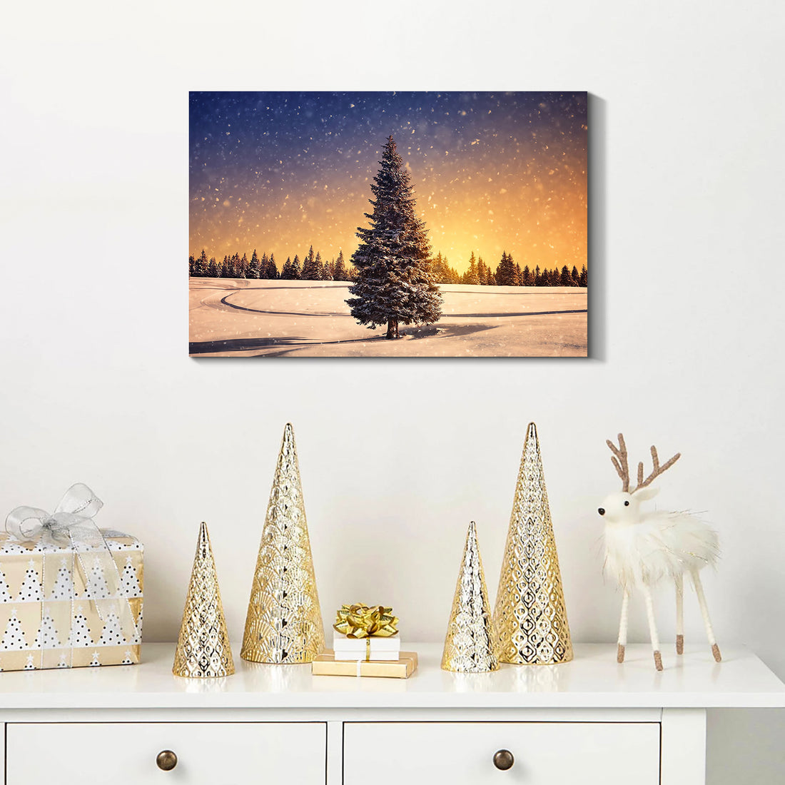 Framed Canvas Wall Art Decor Painting For Chrismas, Chrismas Tree In Dawn Chrismas Gift Painting For Chrismas Gift, Decoration For Chrismas Eve Office Living Room, Bedroom Decor Ready To Han