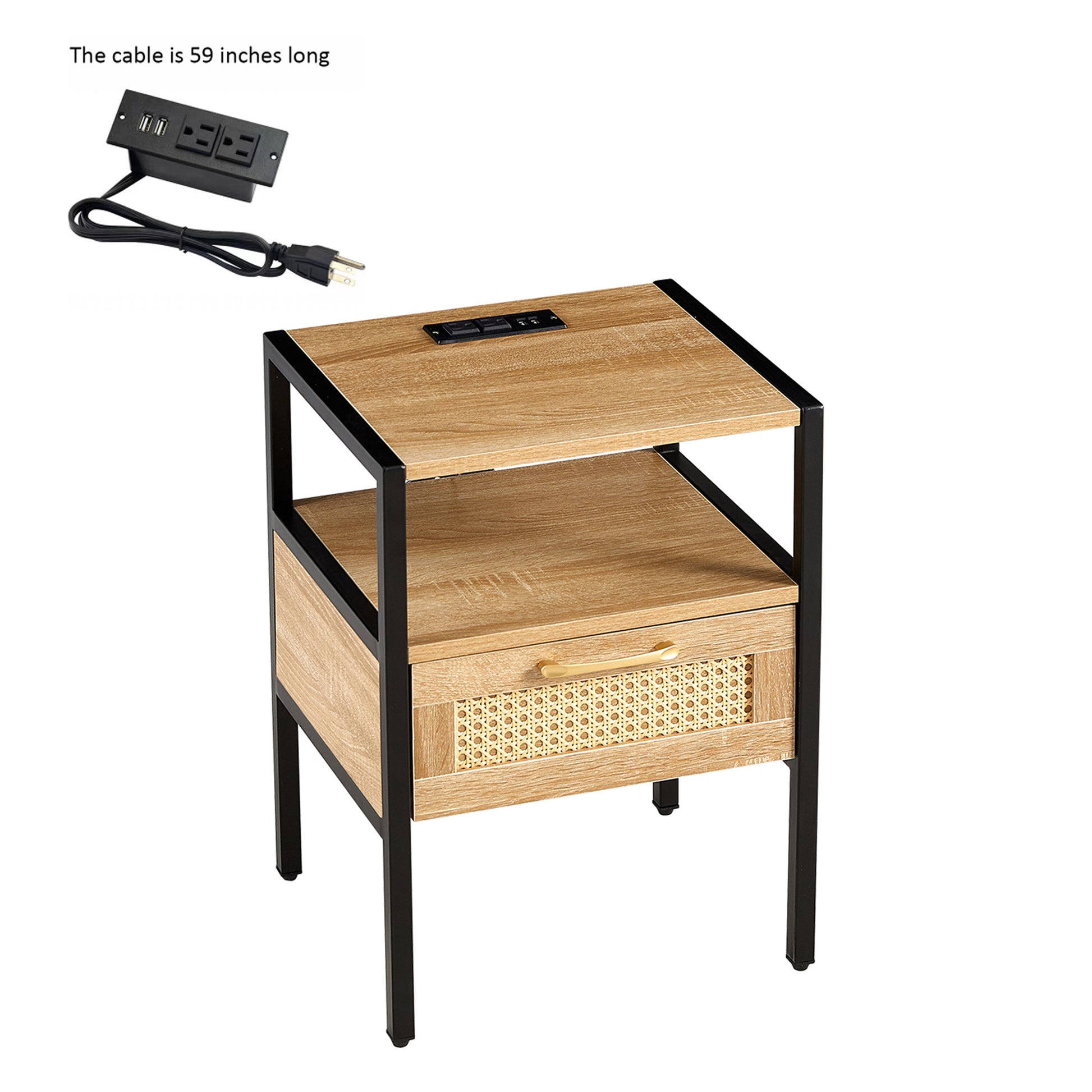 15.75" Rattan End Table With Power Outlet & Usb Portsmodern Nightstand With Drawer And Metal Legs, Side Table For Living Room, Bedroom,Natural 1 Pc Natural Mdf Metal