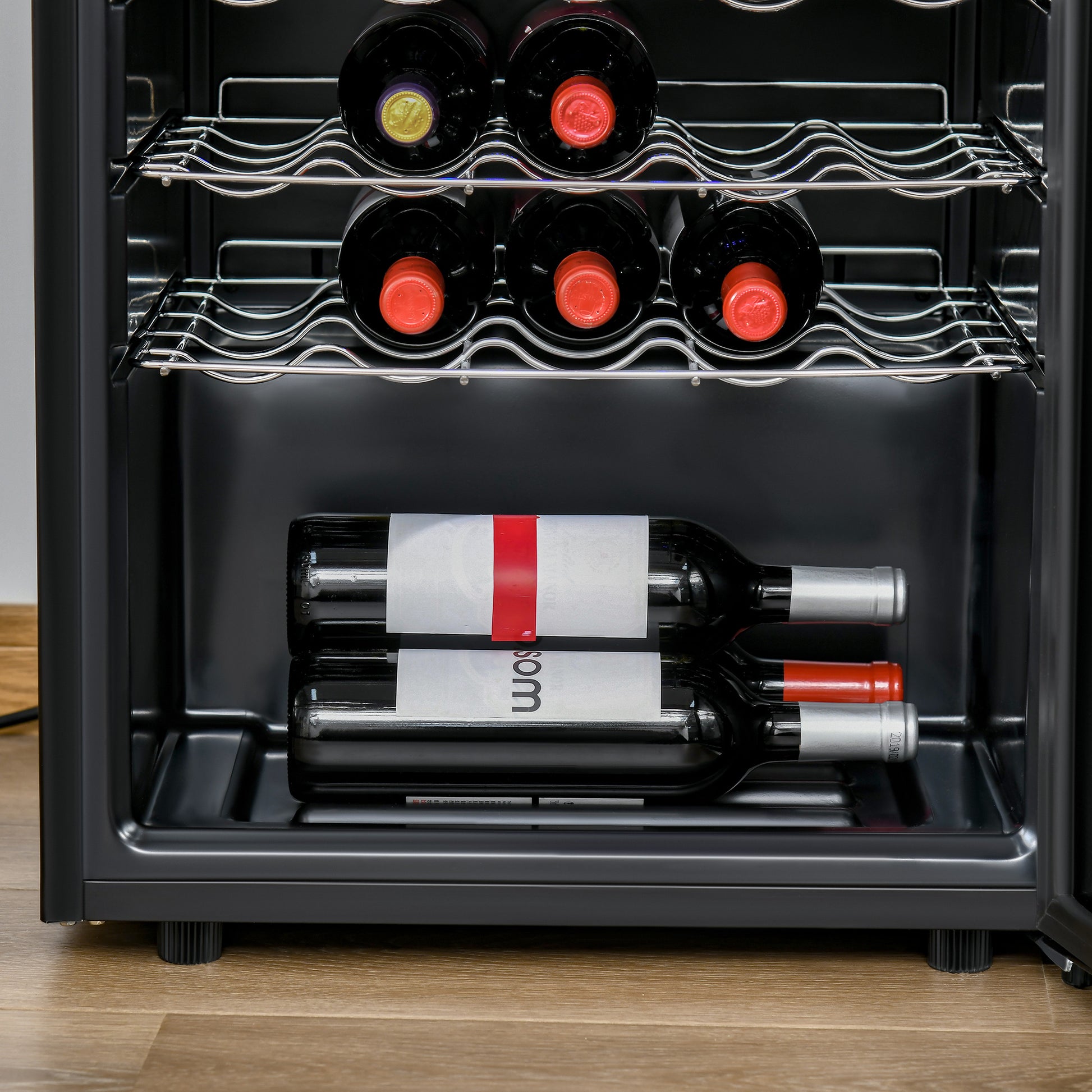 18 Bottle Wine Cooler, Mini Beverage Fridge, Freestanding Wine Cellar With Digital Temperature Control, 3 Removable Shelves, Glass Door, Alarm Function And Led Lighting, Black Black Metal