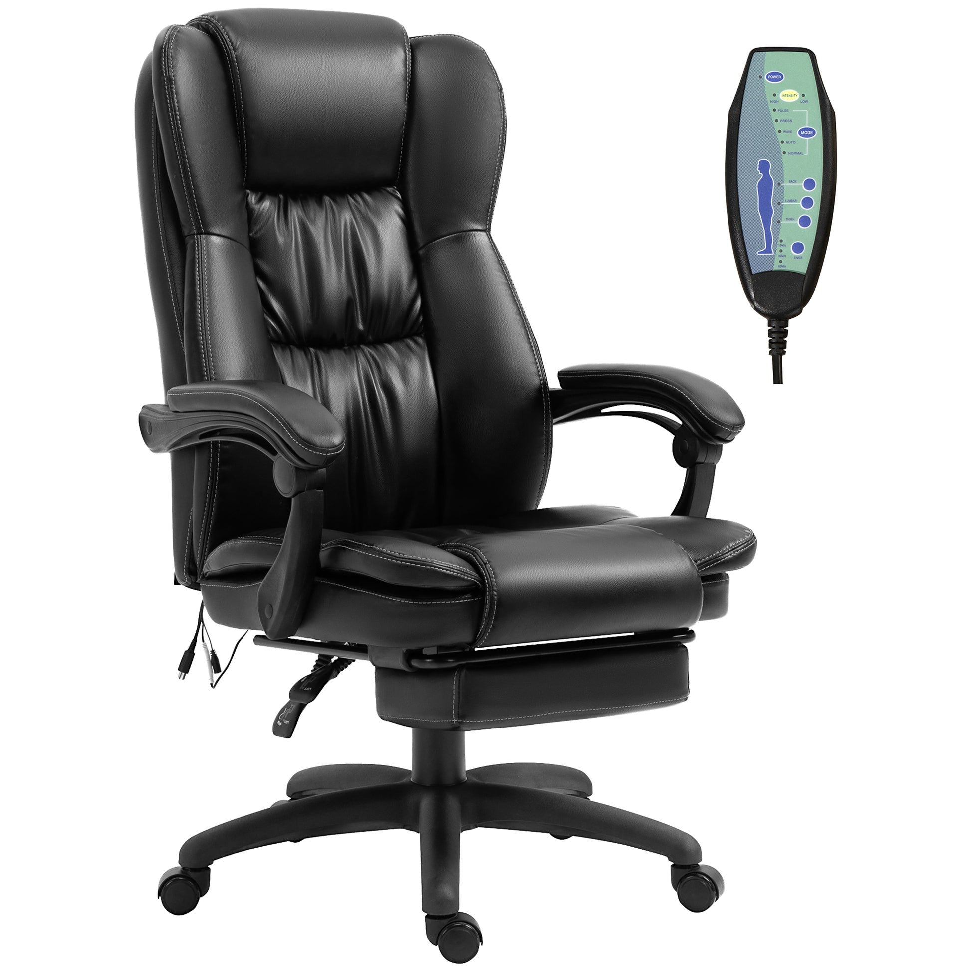 High Back Massage Office Chair With 6 Point Vibration, 5 Modes, Executive Chair, Pu Leather Swivel Chair With Reclining Back, And Retractable Footrest, Black Black Pu