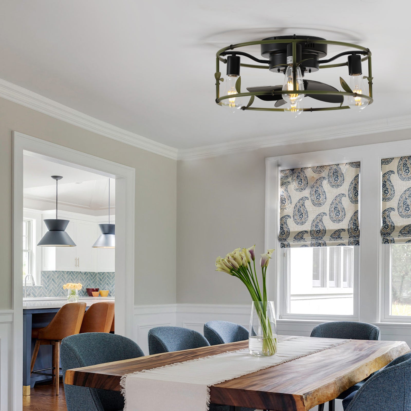 Flush Mount Ceiling Fans With Lights And Remote Control Green Caged Low Profile Ceiling Fan Modern Metal Ceiling Fanfor Farmhouse Dining Room Bedroom Kitchen Living Room Green Modern Iron