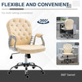 Pu Leather Home Office Chair, Button Tufted Desk Chair With Padded Armrests, Adjustable Height And Swivel Wheels, Beige Beige Plastic