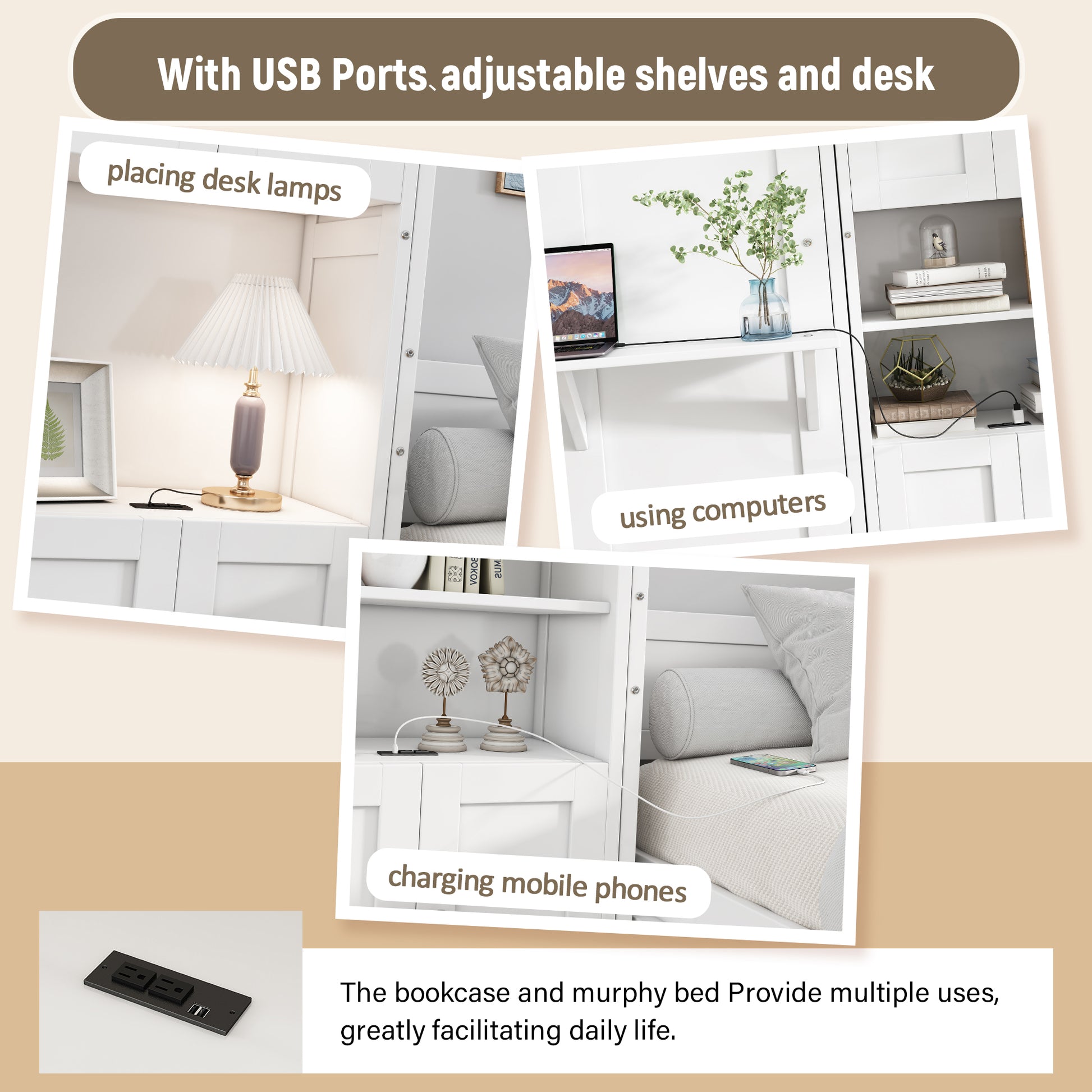 Queen Size Murphy Bed With 2 Side Cabinet Storage Shelves, 68 Inch Cabinet Bed Folding Wall Bed With Desk Combo Perfect For Guest Room, Study, Office,White Old Sku:Bs400491Aac Box Spring Not Required Queen White Wood White Pine Murphy Solid Wood Mdf