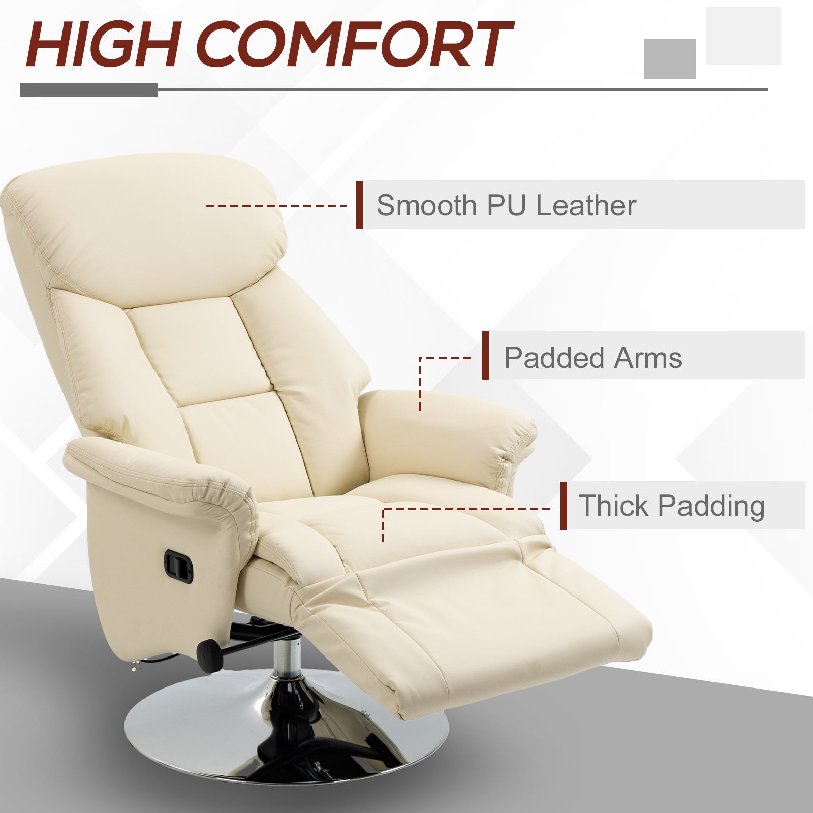 Manual Recliner Chair For Adults, Adjustable Swivel Recliner With Footrest, Padded Arms, Pu Leather Upholstery And Steel Base For Living Room, Cream White Cream White Pu Leather