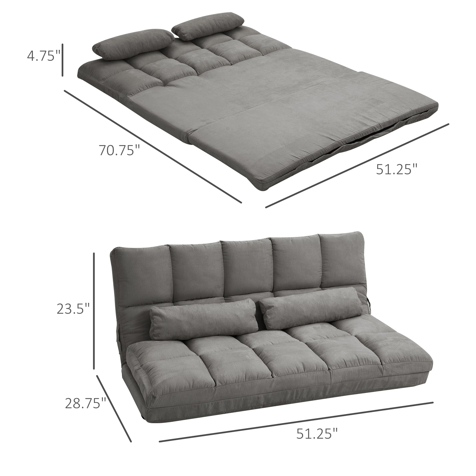 Convertible Floor Sofa Chair, Folding Couch Bed, Guest Chaise Lounge With 2 Pillows, Adjustable Backrest And Headrest, Dark Gray Dark Gray Polyester