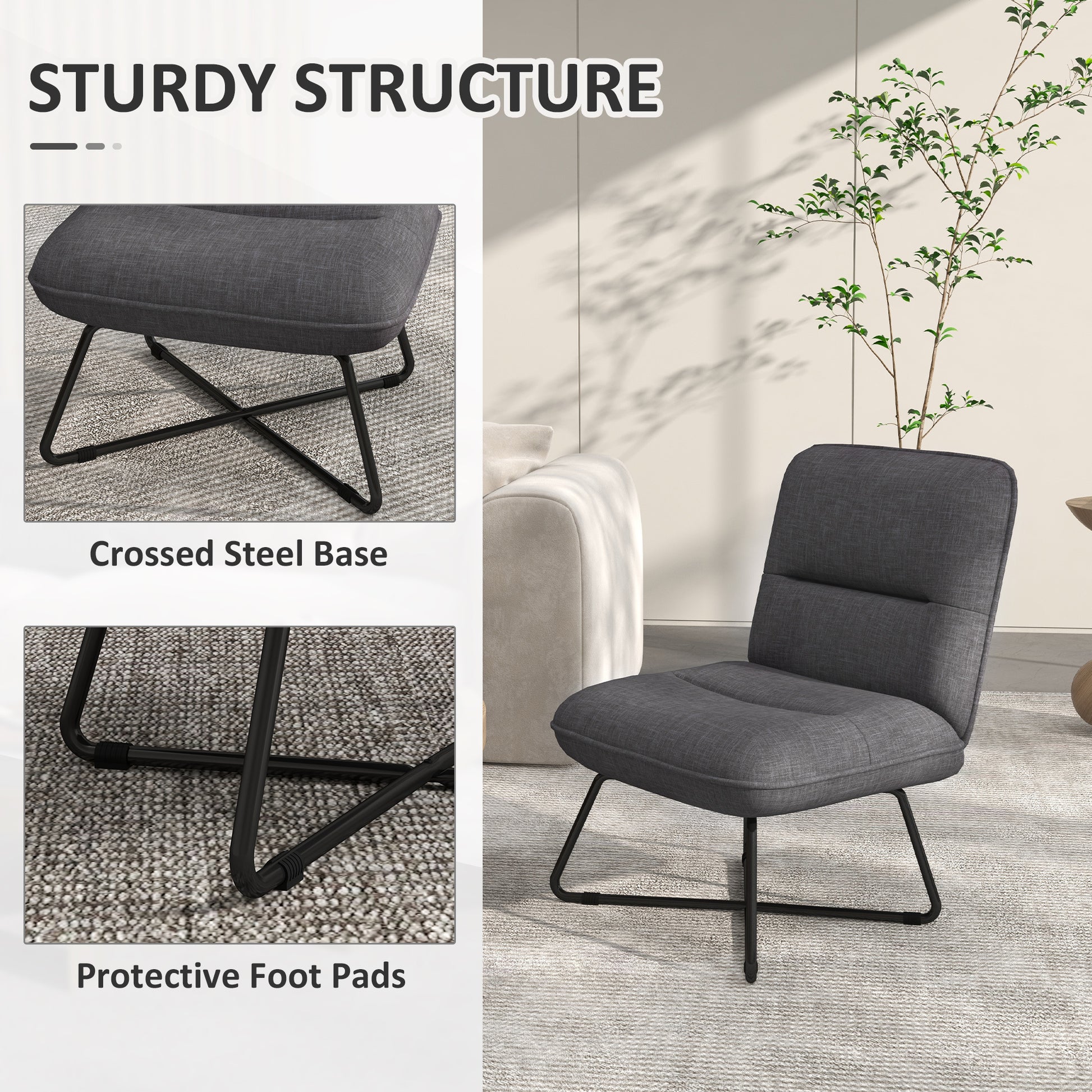 Armless Accent Chair, Upholstered Slipper Chair For Living Room With Crossed Steel Legs, Dark Gray Dark Gray Polyester