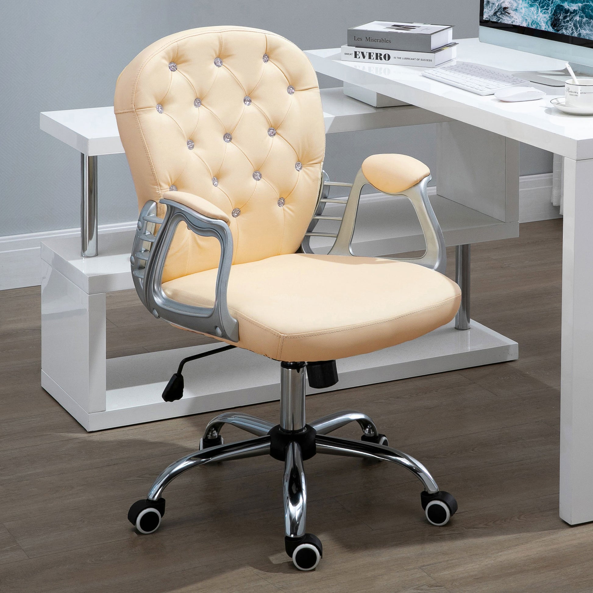 Pu Leather Home Office Chair, Button Tufted Desk Chair With Padded Armrests, Adjustable Height And Swivel Wheels, Beige Beige Plastic