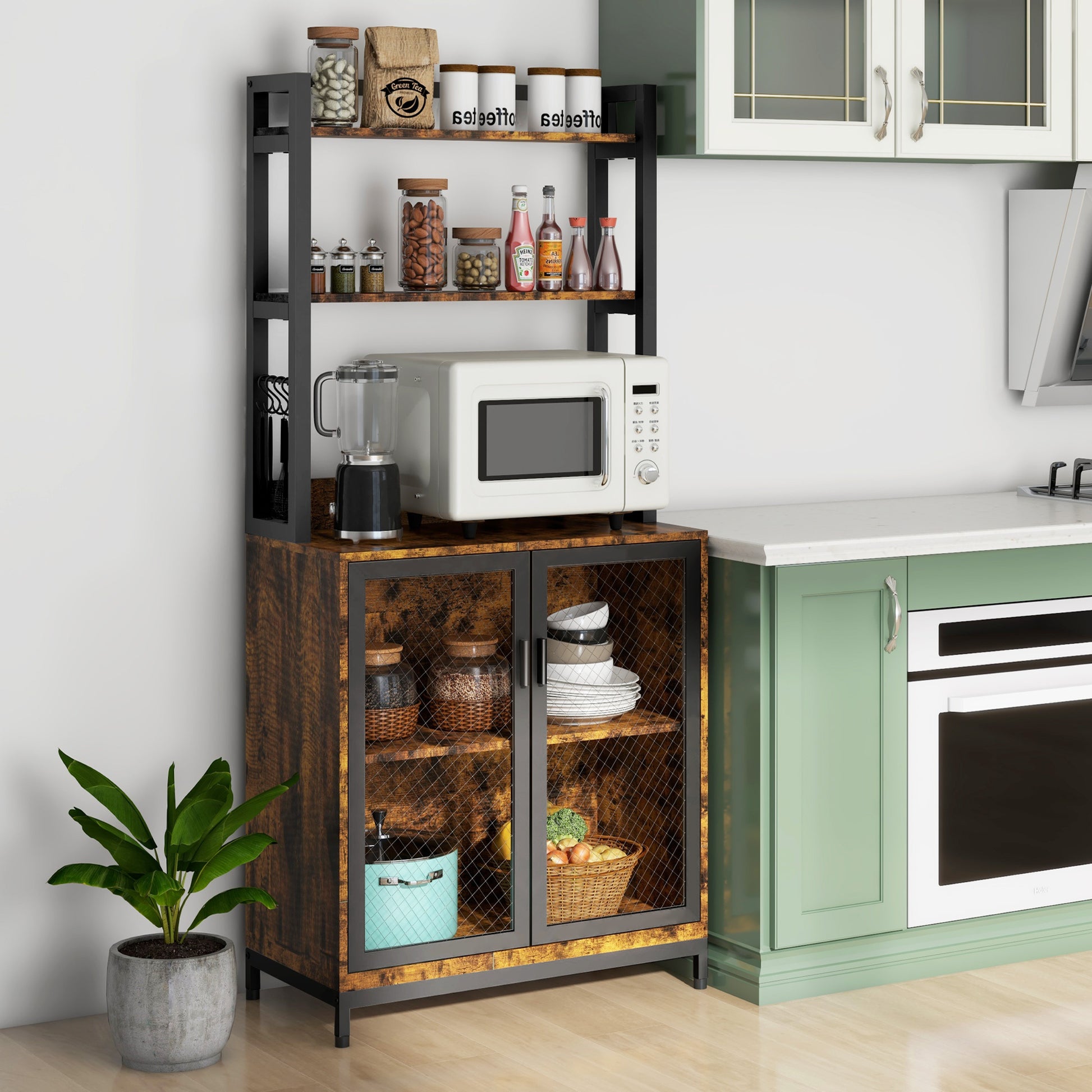 Kitchen Bakers Rack, Microwave Stand, Coffee Bar With Adjustable Shelves, 4 Hooks For Spices, Pots And Pans, Rustic Brown Rustic Brown Particle Board