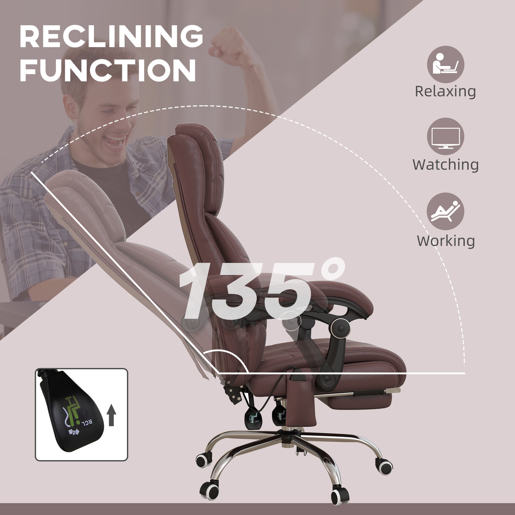 Executive Massage Office Chair With 4 Vibration, Computer Desk Chair, Pu Leather Heated Reclining Chair With Adjustable Height, Swivel Wheels, Brown Brown Pu Leather