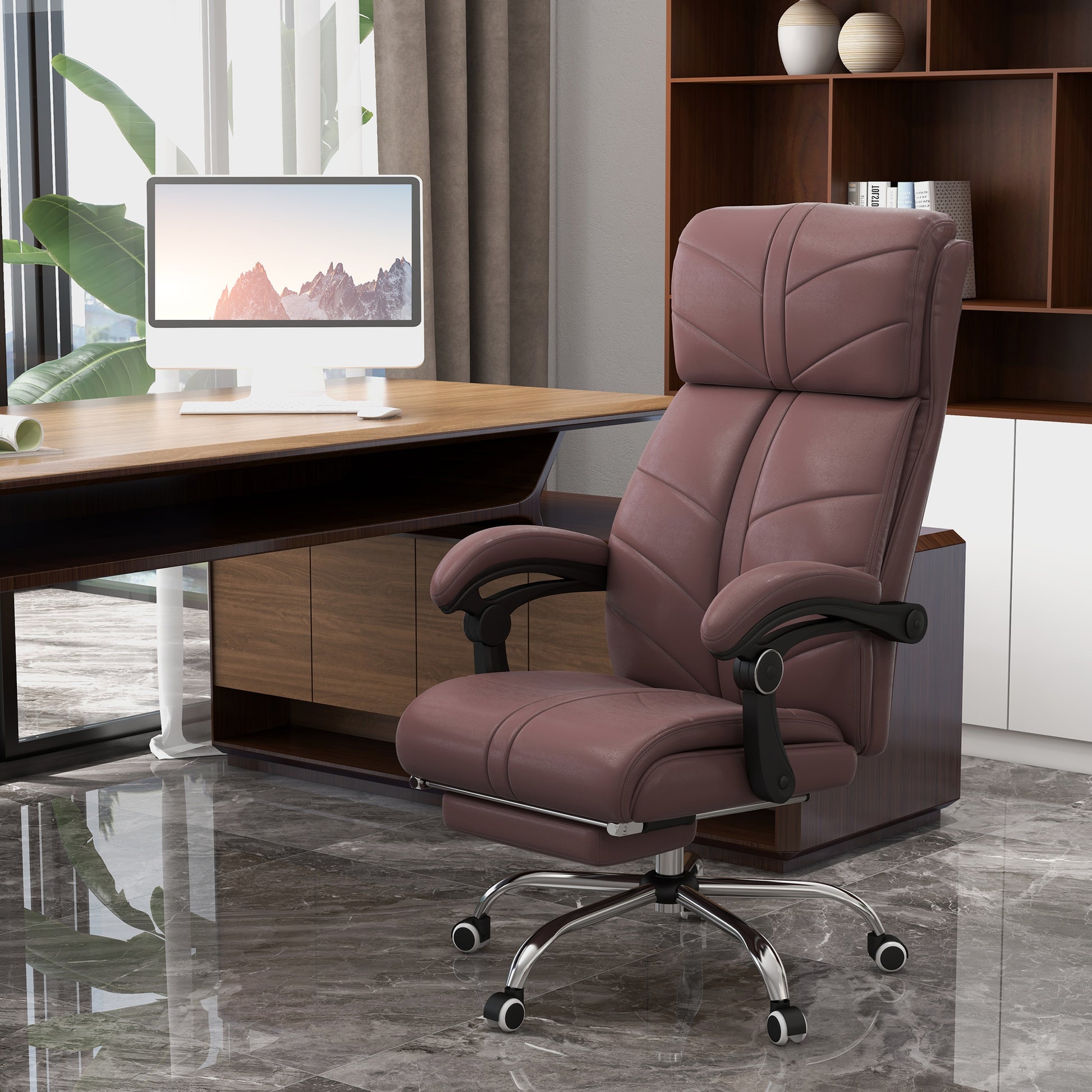 Executive Massage Office Chair With 4 Vibration, Computer Desk Chair, Pu Leather Heated Reclining Chair With Adjustable Height, Swivel Wheels, Brown Brown Pu Leather
