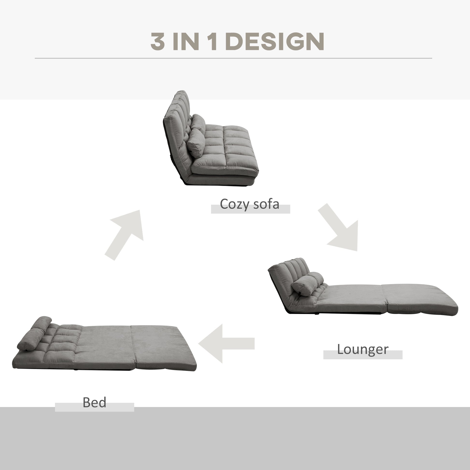 Convertible Floor Sofa Chair, Folding Couch Bed, Guest Chaise Lounge With 2 Pillows, Adjustable Backrest And Headrest, Dark Gray Dark Gray Polyester