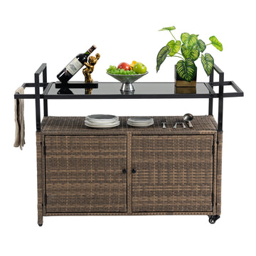Outdoor Wicker Bar Cart, Patio Wine Serving Cart W Wheelsrolling Rattan Beverage Bar Counter Table W Glass Top For Porch Backyard Garden Poolside Party, Light Brown Light Brown Garden & Outdoor