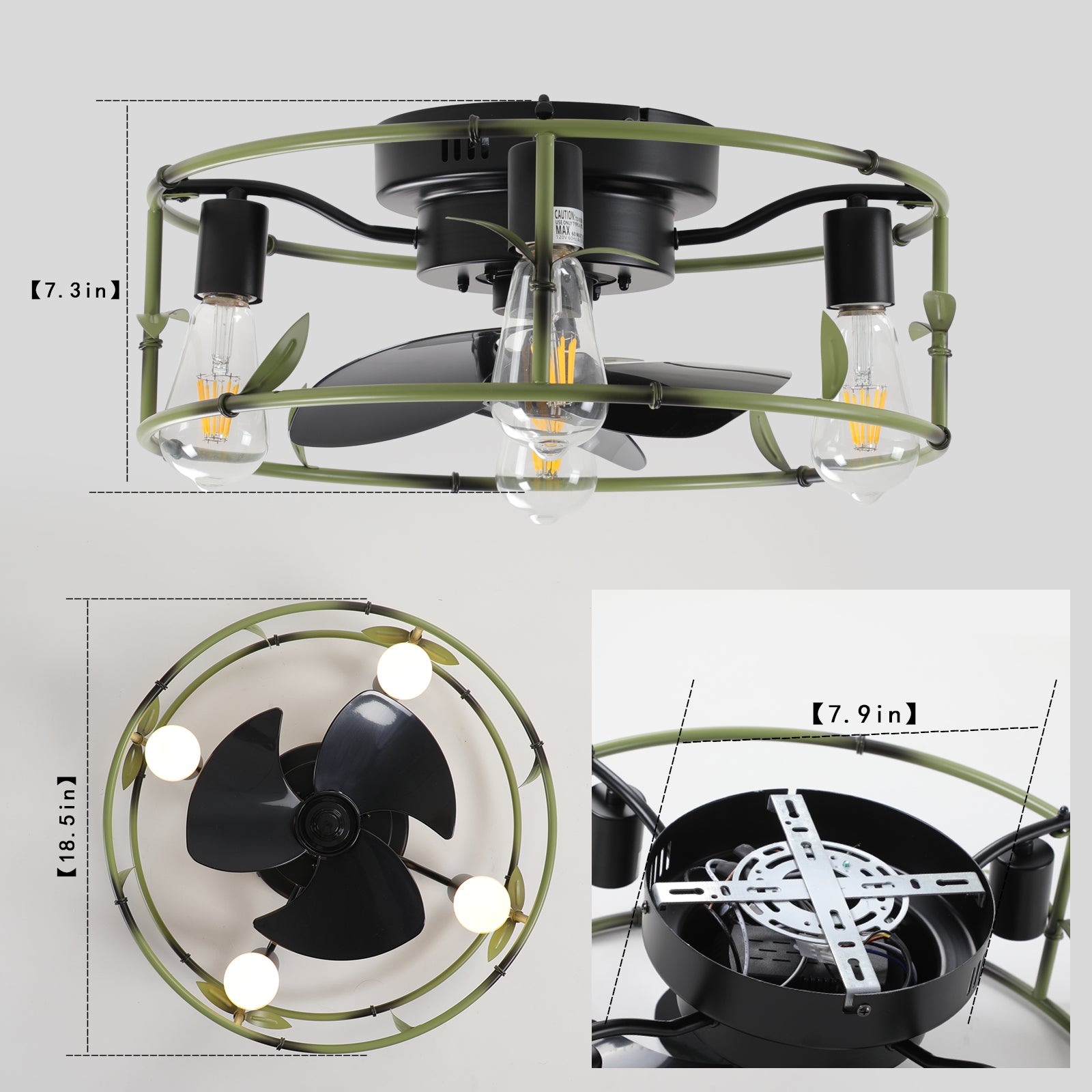 Flush Mount Ceiling Fans With Lights And Remote Control Green Caged Low Profile Ceiling Fan Modern Metal Ceiling Fanfor Farmhouse Dining Room Bedroom Kitchen Living Room Green Modern Iron