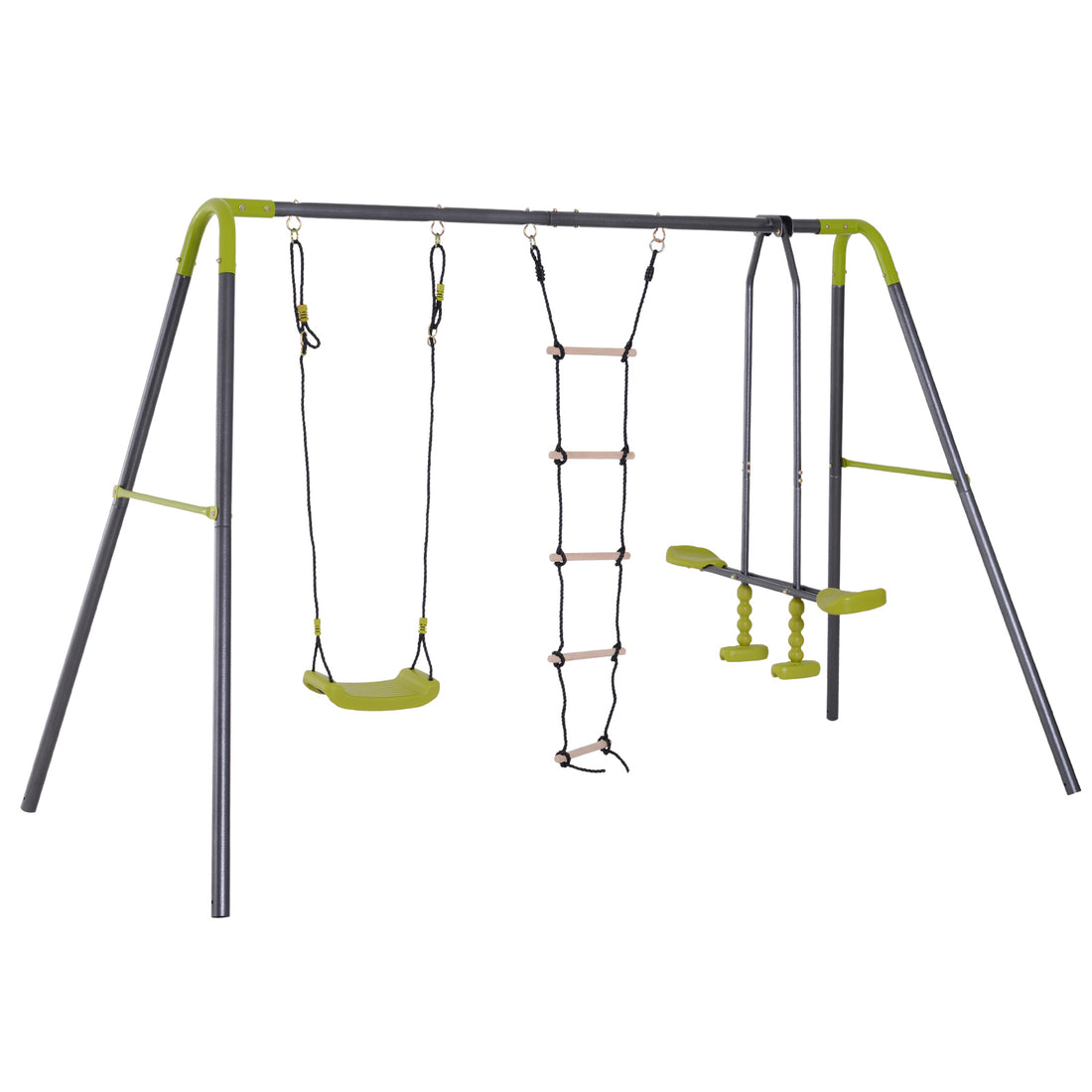 3 In 1 Kids Metal Swing Set For Backyard With Swing Seat, Glider And Climbing Ladder, Heavy Duty Metal Frame For 4 Children Grey Metal