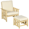 Patio Furniture Set, Wood Outdoor Patio Chair With Ottoman, 2 Piece Cushioned Outdoor Lounge Chair, Sofa Chair With Footrest, Beige Natural Wood
