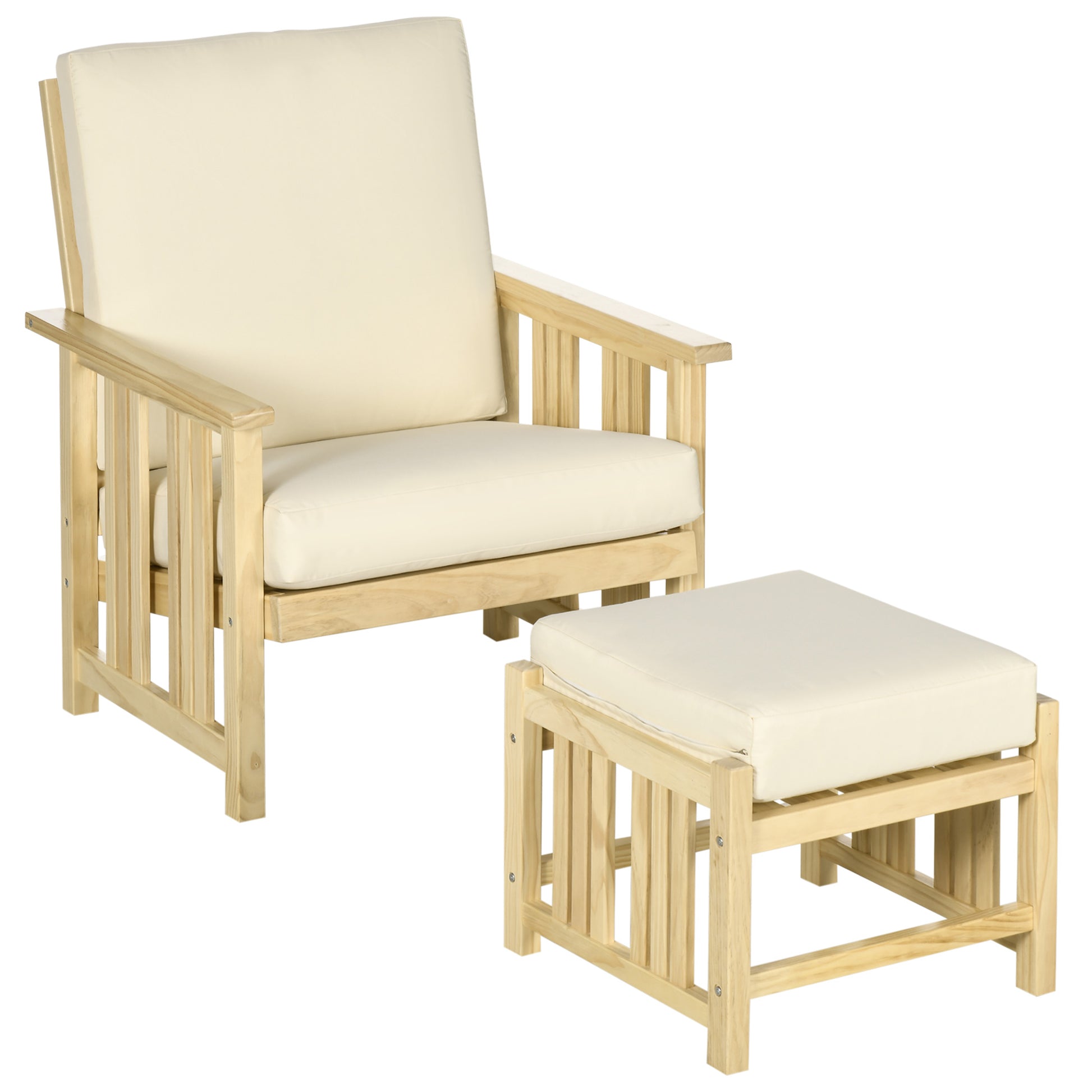 Patio Furniture Set, Wood Outdoor Patio Chair With Ottoman, 2 Piece Cushioned Outdoor Lounge Chair, Sofa Chair With Footrest, Beige Natural Wood