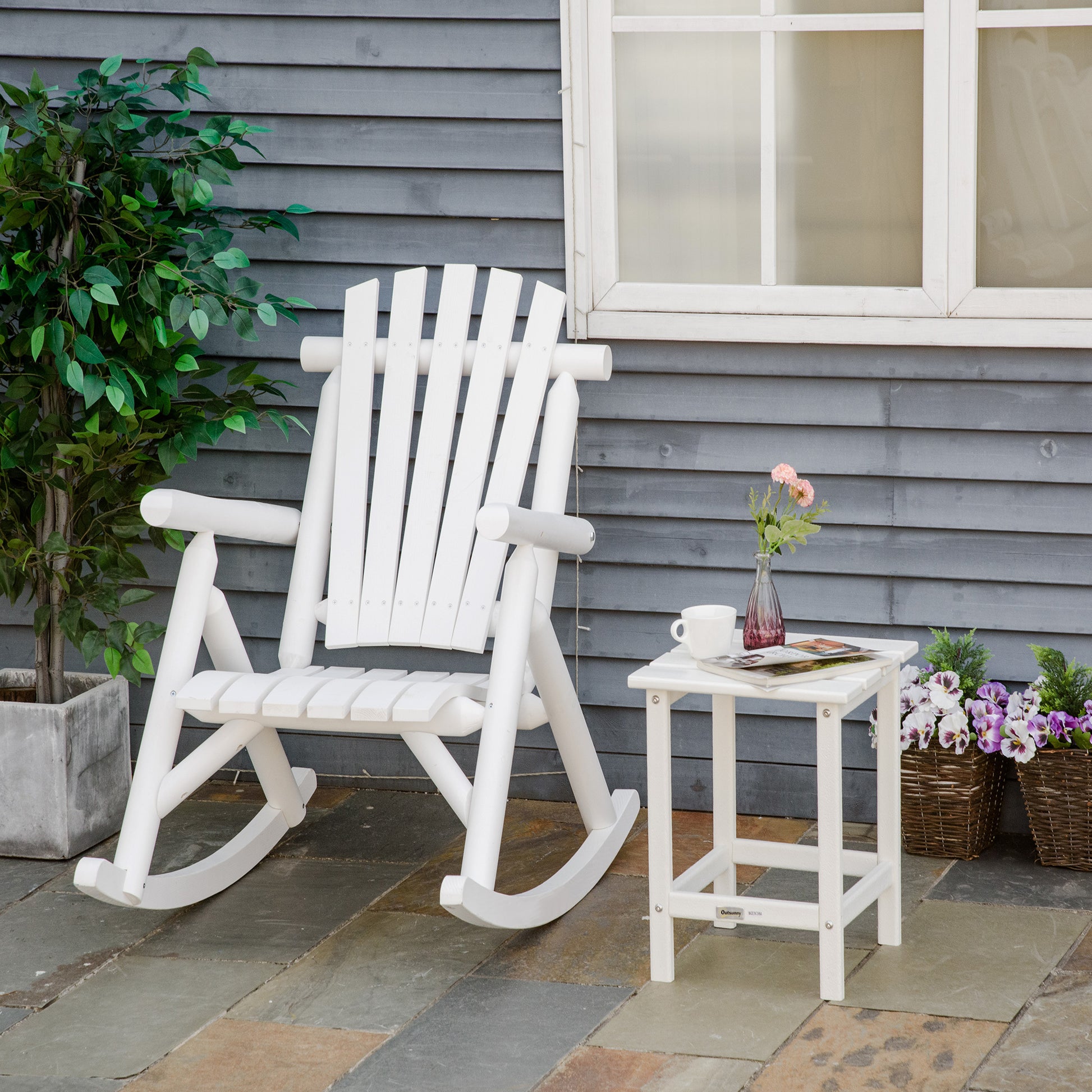 Outdoor Wooden Rocking Chair, Rustic Adirondack Rocker With Slatted Seat, High Backrest, Armrests For Patio, Garden, And Porch, Large, White White Wood