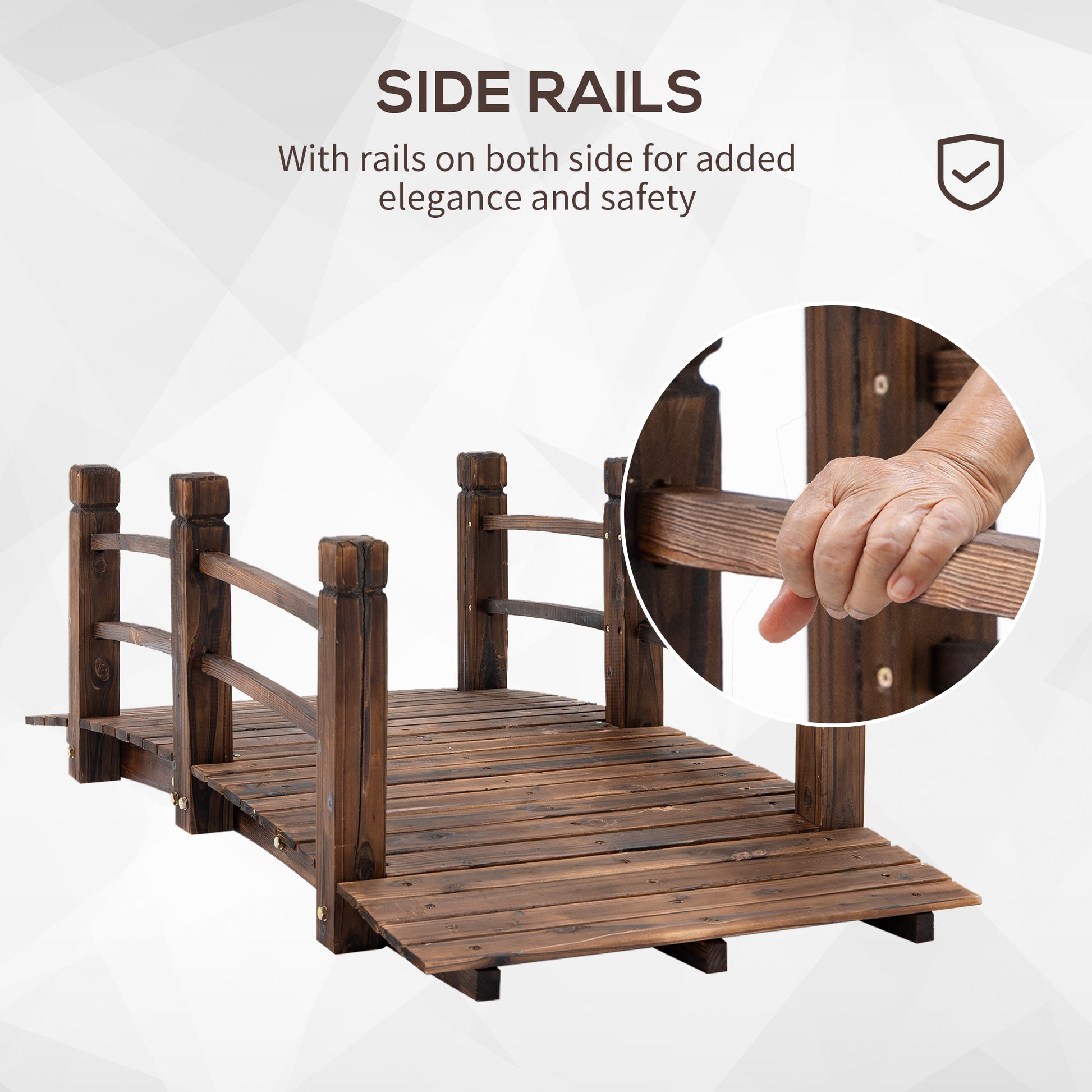 Fir Wood Garden Bridge Arc Walkway With Side Railings For Backyards, Gardens, And Streams, Stained Wood, 60" X 26.5" X 19" Brown Wood