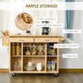 Kitchen Island On Wheels, Natural Hardwood Kitchen Cart With Drawers, Storage Cabinets, And Tool Caddy, Microwave Cart For Dining Room, 54 Inches Wide Natural Wood Rubber Wood