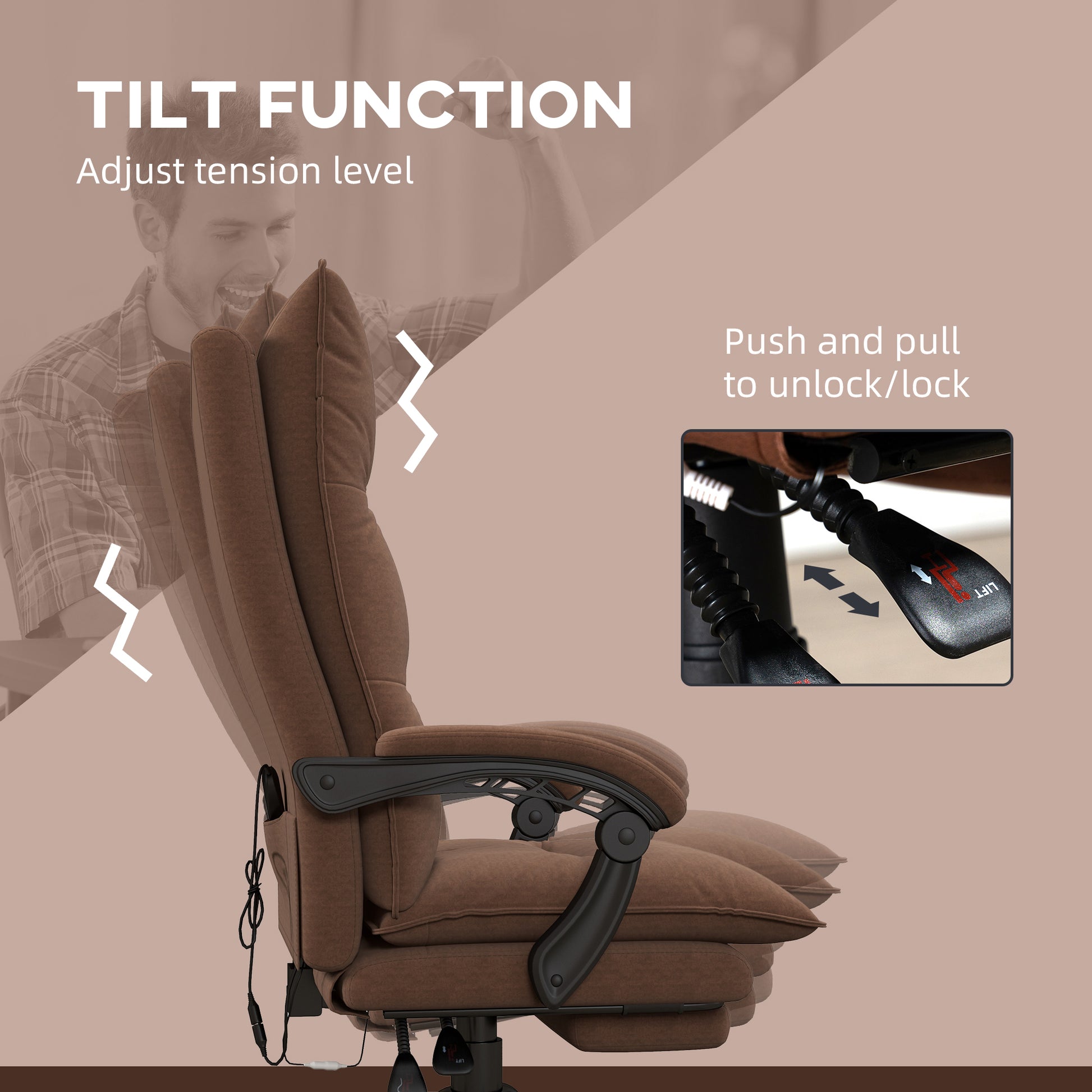 Executive Massage Office Chair With 6 Vibration Points, Microfiber Computer Desk Chair, Heated Reclining Chair With Footrest, Armrest, Double Padding, Brown Brown Polyester