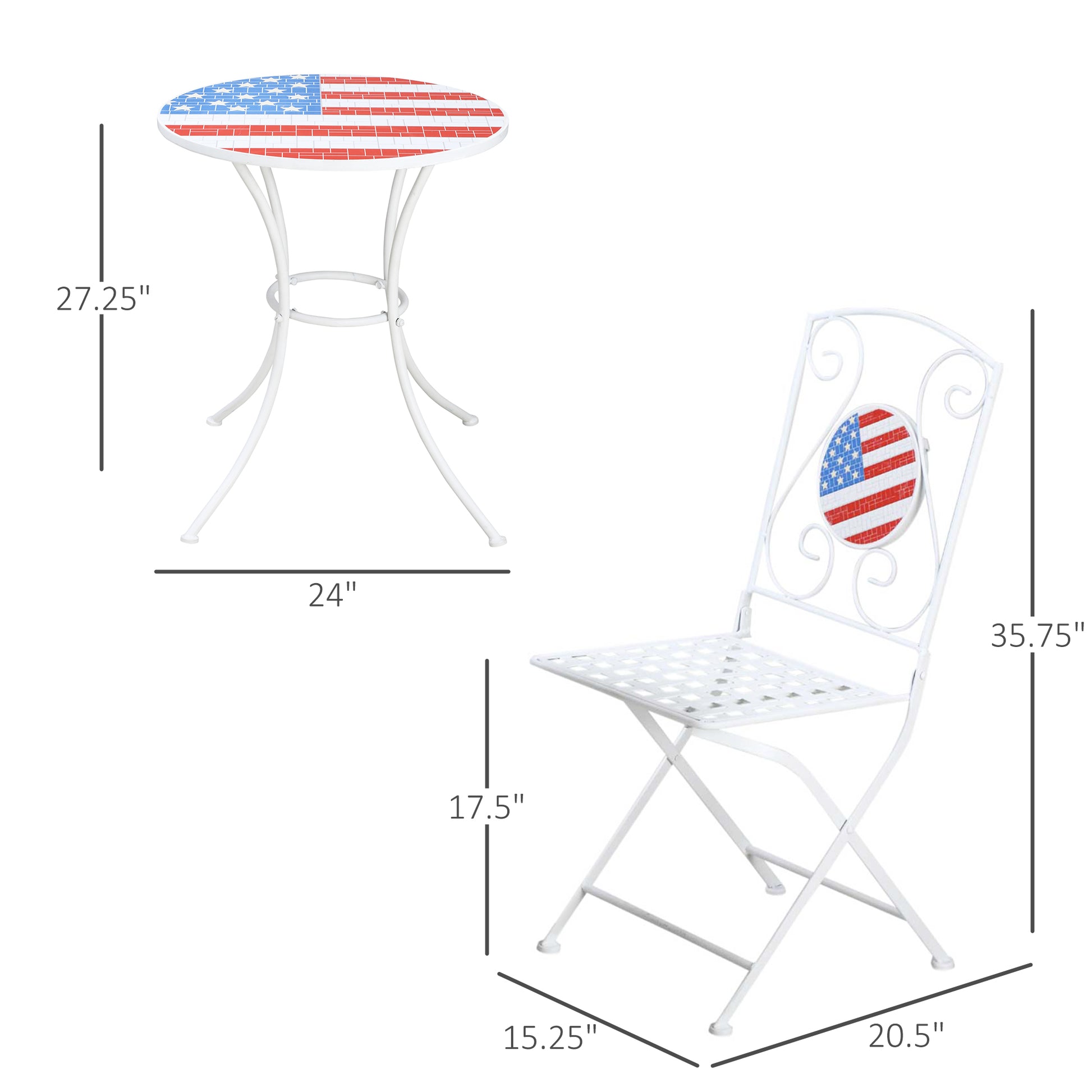 3 Piece Patio Bistro Set, Folding Outdoor Furniture With Usa Mosaic Table And Chairs, Portable Metal Frames For 4Th Of July, Balcony, Backyard, Poolside, Porch, American Flag White Metal