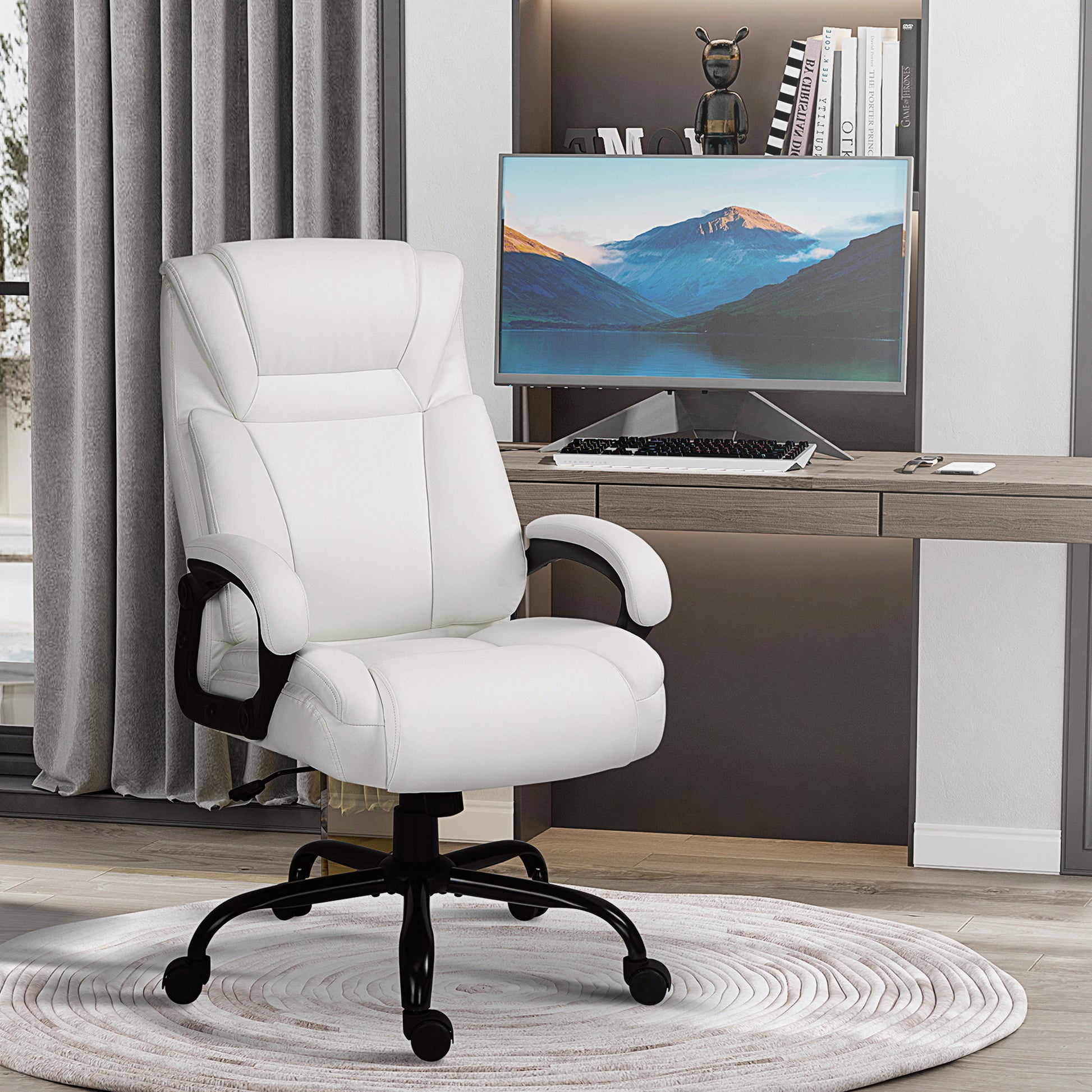 Big And Tall 400Lbs Executive Office Chair With Wide Seat, Computer Desk Chair With High Back Pu Leather Ergonomic Upholstery, Adjustable Height And Swivel Wheels, White White Faux Leather