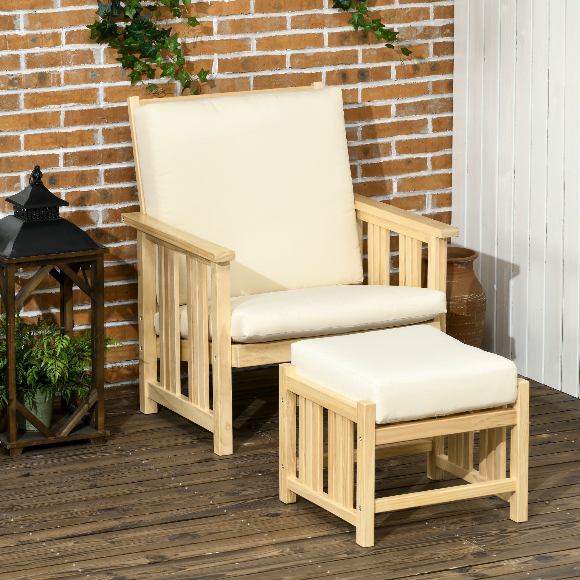 Patio Furniture Set, Wood Outdoor Patio Chair With Ottoman, 2 Piece Cushioned Outdoor Lounge Chair, Sofa Chair With Footrest, Beige Natural Wood