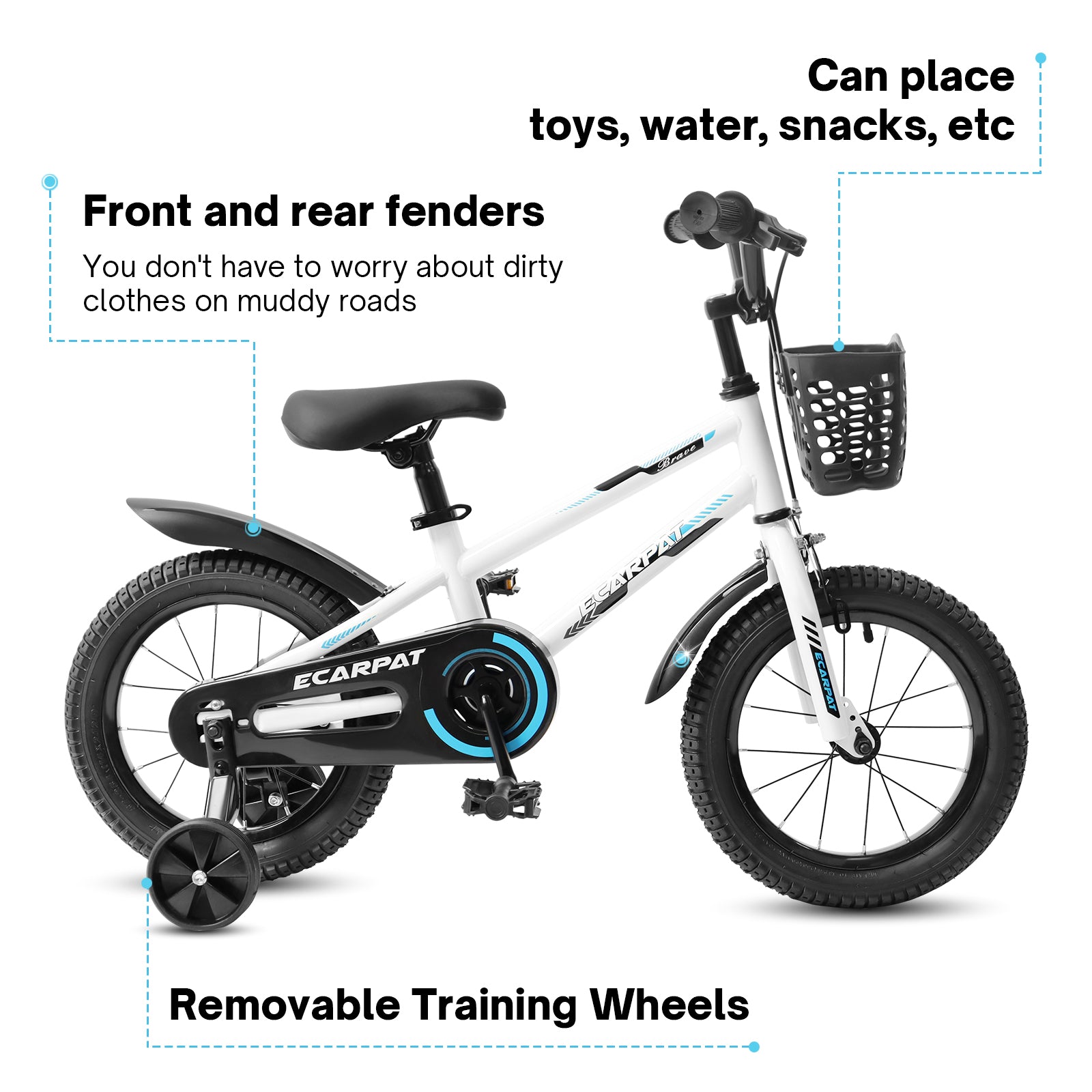Kids Bike 16 Inch For Boys & Girls With Training Wheels, Freestyle Kids' Bicycle With Bell,Basket And Fender. White Steel