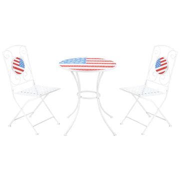 3 Piece Patio Bistro Set, Folding Outdoor Furniture With Usa Mosaic Table And Chairs, Portable Metal Frames For 4Th Of July, Balcony, Backyard, Poolside, Porch, American Flag White Metal
