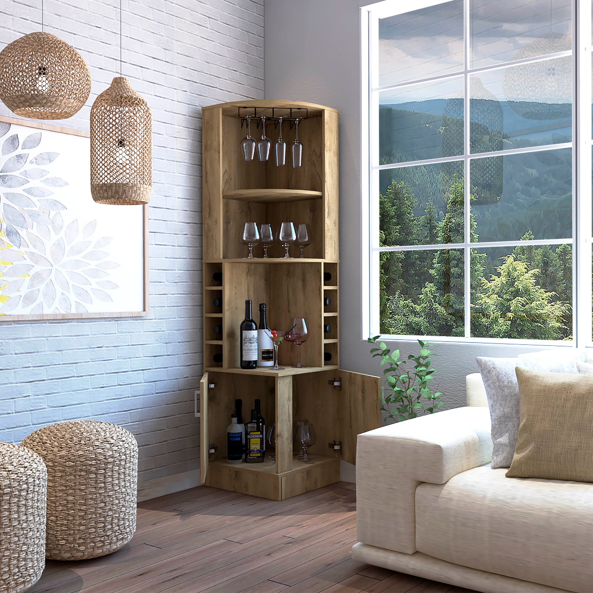 Corner Bar Cabinet Papprika, Living Room, Aged Oak Beige Particle Board Engineered Wood