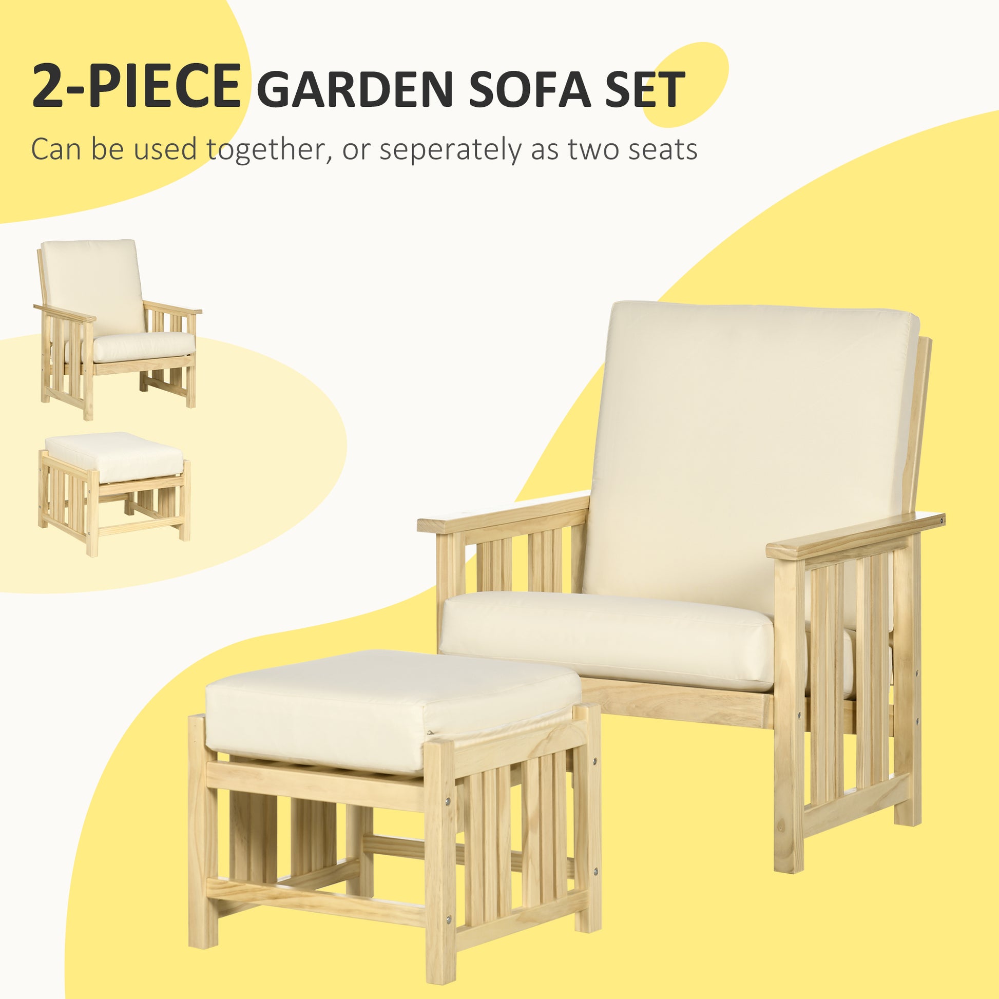 Patio Furniture Set, Wood Outdoor Patio Chair With Ottoman, 2 Piece Cushioned Outdoor Lounge Chair, Sofa Chair With Footrest, Beige Natural Wood