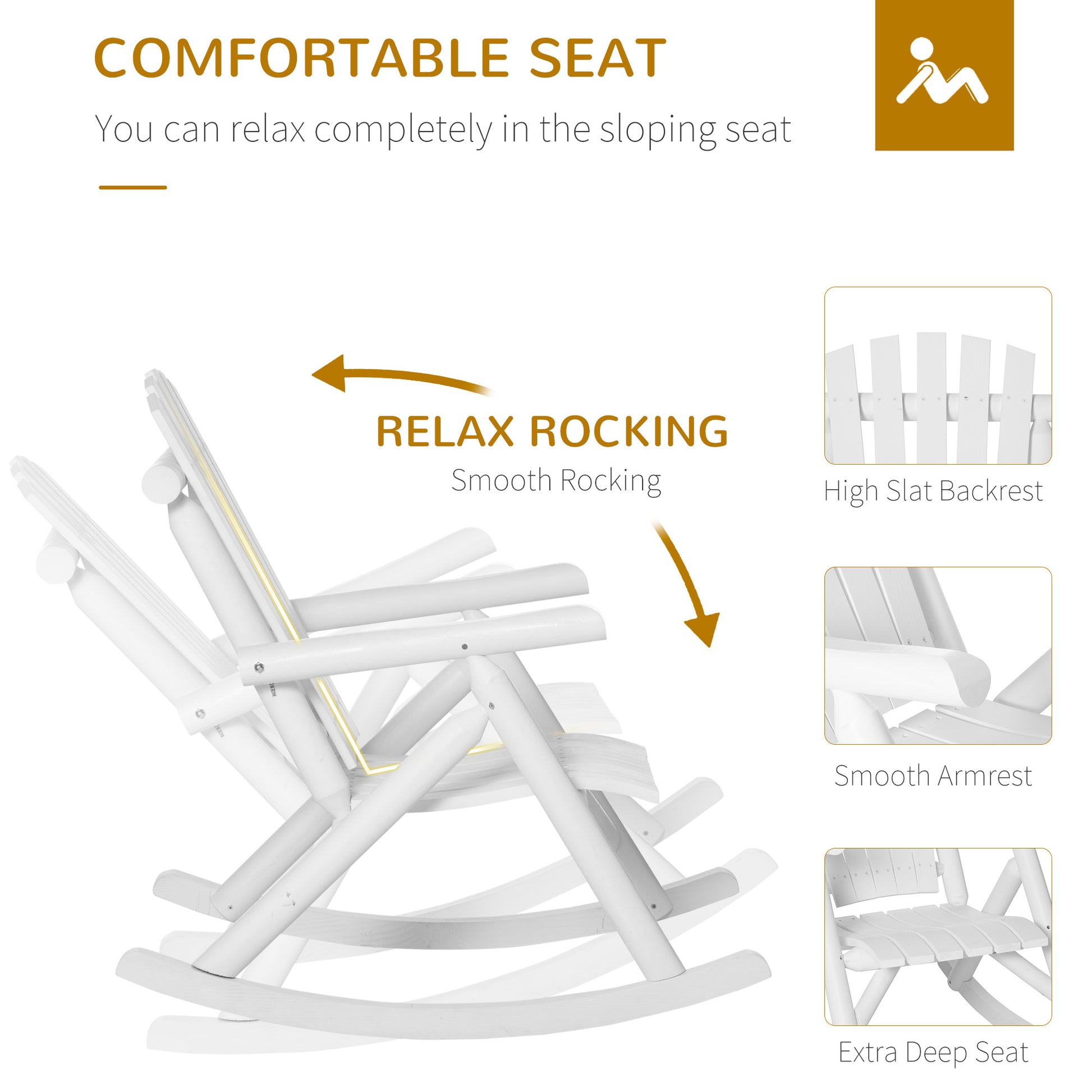Outdoor Wooden Rocking Chair, Rustic Adirondack Rocker With Slatted Seat, High Backrest, Armrests For Patio, Garden, And Porch, Large, White White Wood