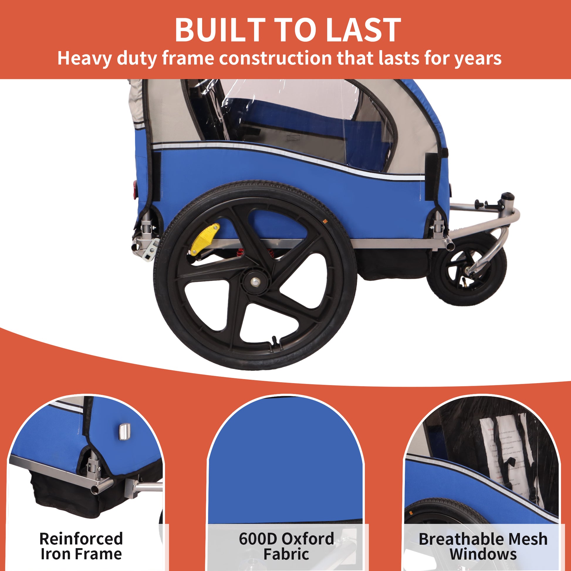 2 In 1 Double 2 Seat Bicycle Bike Trailer Jogger Stroller For Kids Children Foldable Collapsible W Pivot Front Wheel Blue Gray Fabric Steel