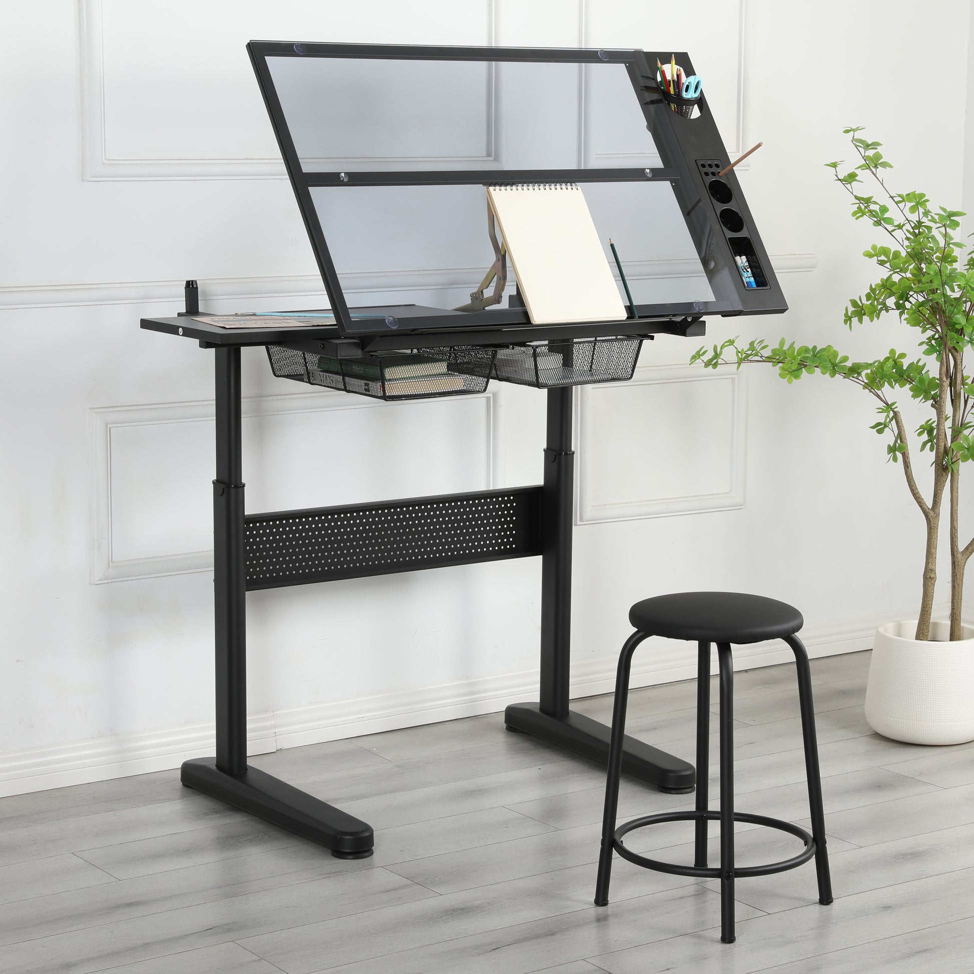 Hand Crank Adjustable Drafting Table Drawing Desk With 2 Metal Drawers Black With Stool Black Tempered Glass Sheet Metal Plastic