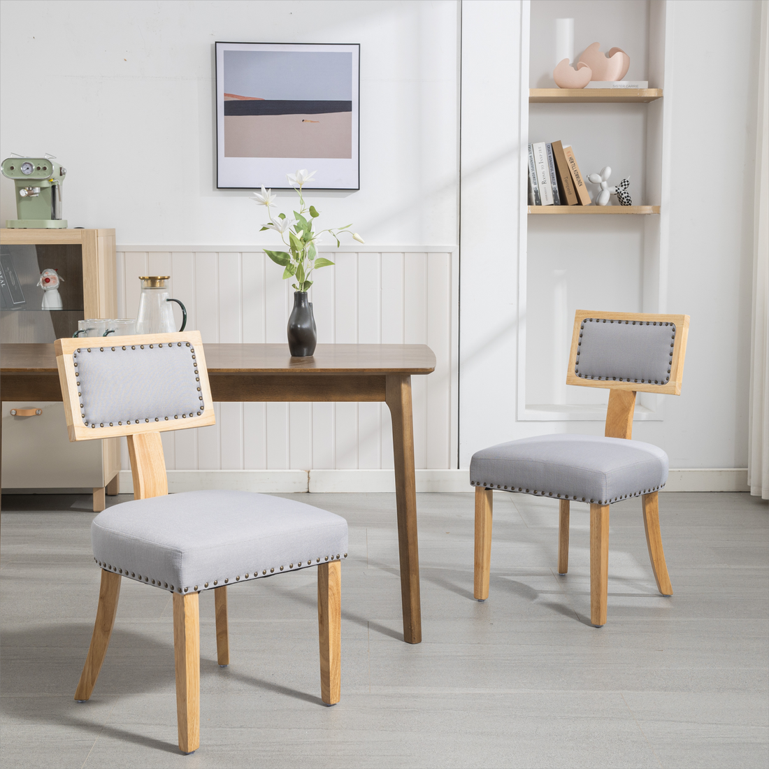 Heng Ming T Back Dining Chair, With Rivet Decoration Adjustment Mat, Suitable For Dining Room, Kitchen, Balcony, Bedroom,Set Of 2 Light Gray Fabric