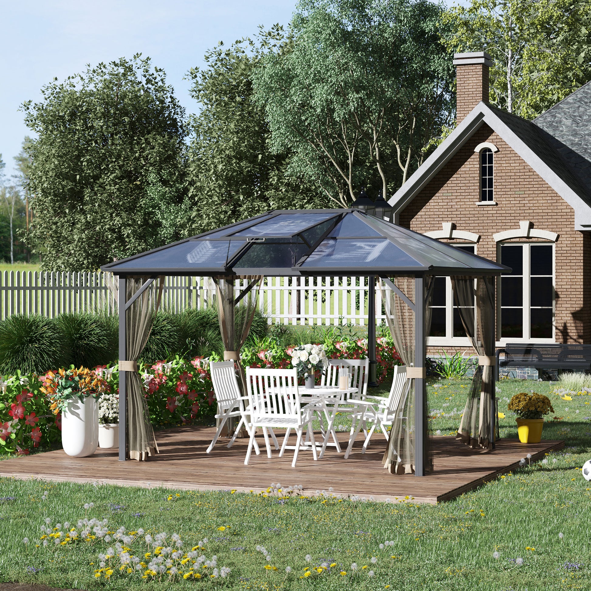 10' X 12' Hardtop Gazebo Canopy With Polycarbonate Roof, Top Vent And Aluminum Frame, Permanent Pavilion Outdoor Gazebo With Netting, For Patio, Garden, Backyard, Deck, Lawn Gray Metal
