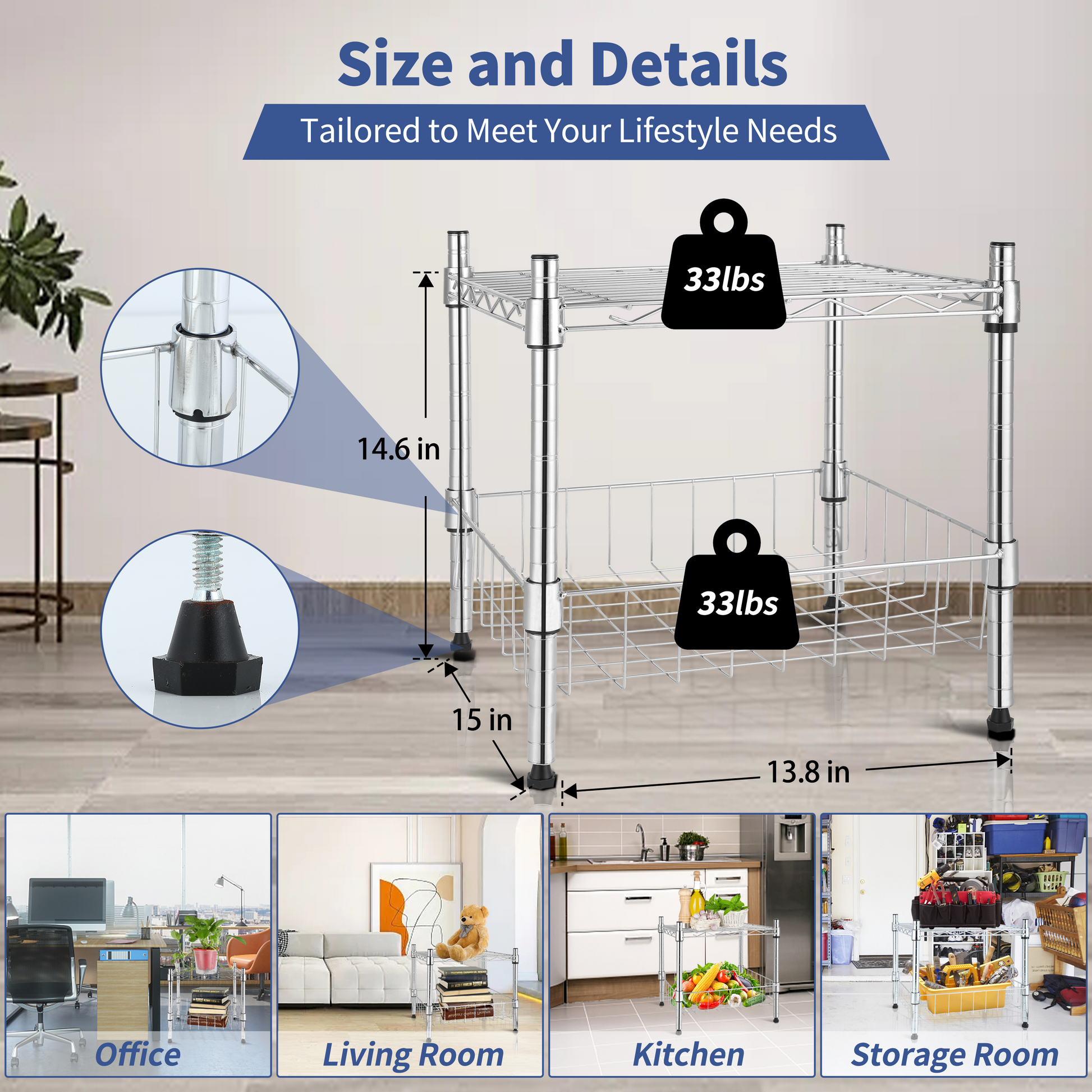 Heavy Duty Shelving Unit, Wire Metal Stackable Storage, 1 Tier Shelf, With Basket, Chrome, 15" W X 13.8" D X 15" H Chrome Iron