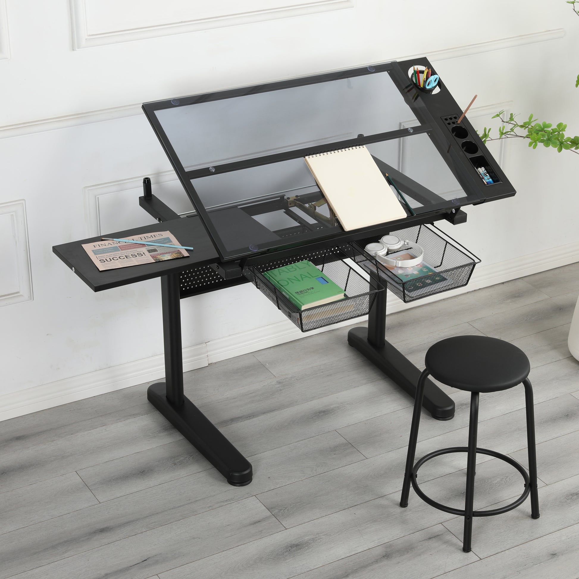 Hand Crank Adjustable Drafting Table Drawing Desk With 2 Metal Drawers Black With Stool Black Tempered Glass Sheet Metal Plastic