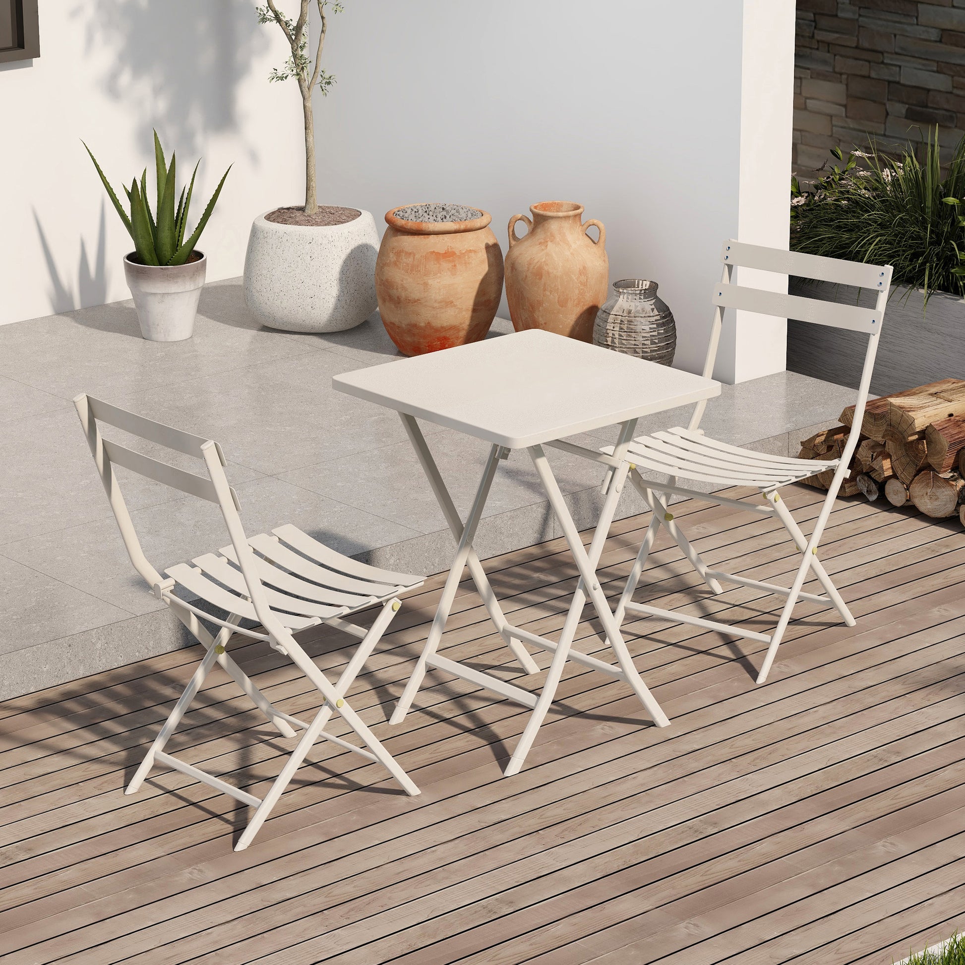 3 Piece Patio Bistro Set Of Foldable Square Table And Chairs, White No White Metal