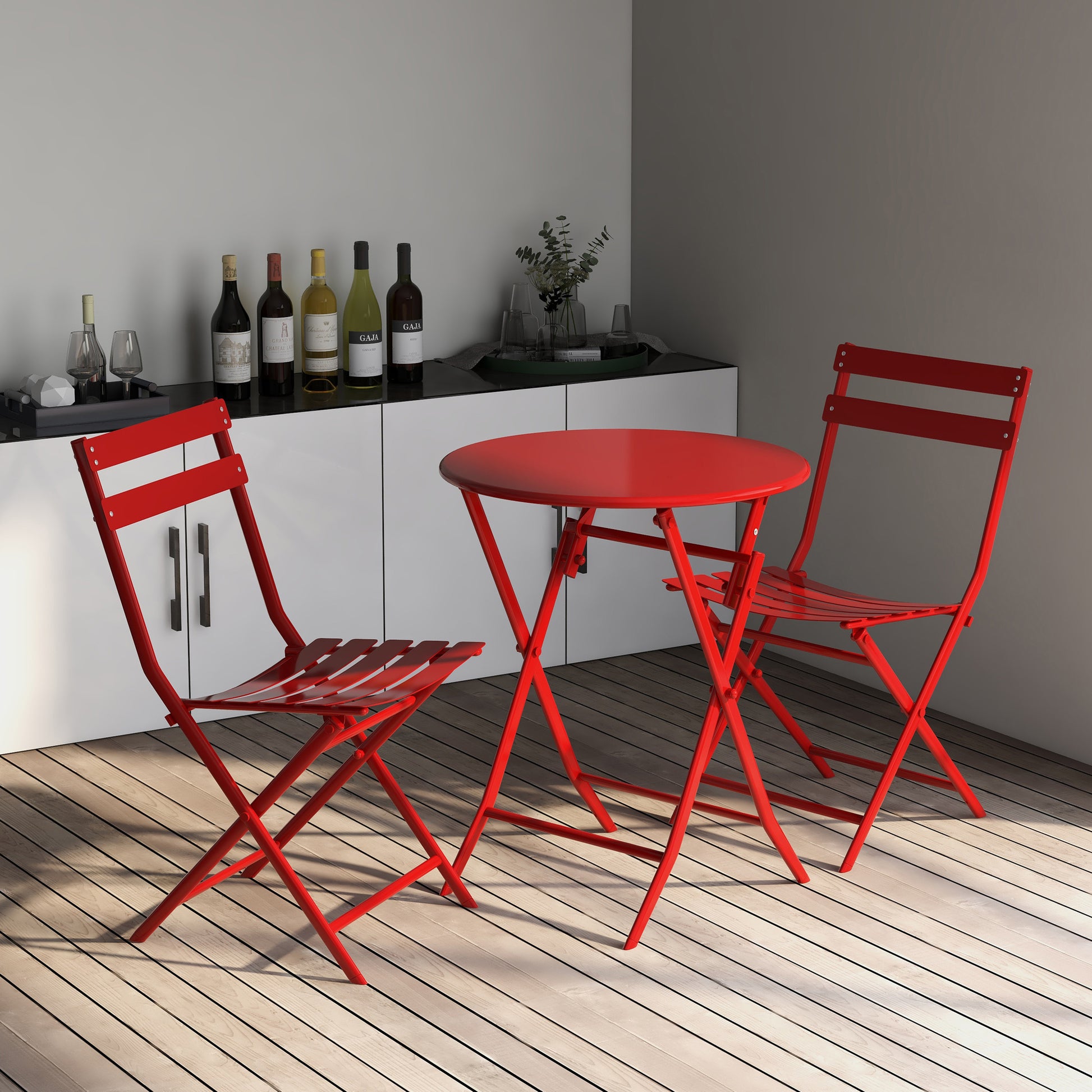 3 Piece Patio Bistro Set Of Foldable Round Table And Chairs, Red No Red Metal