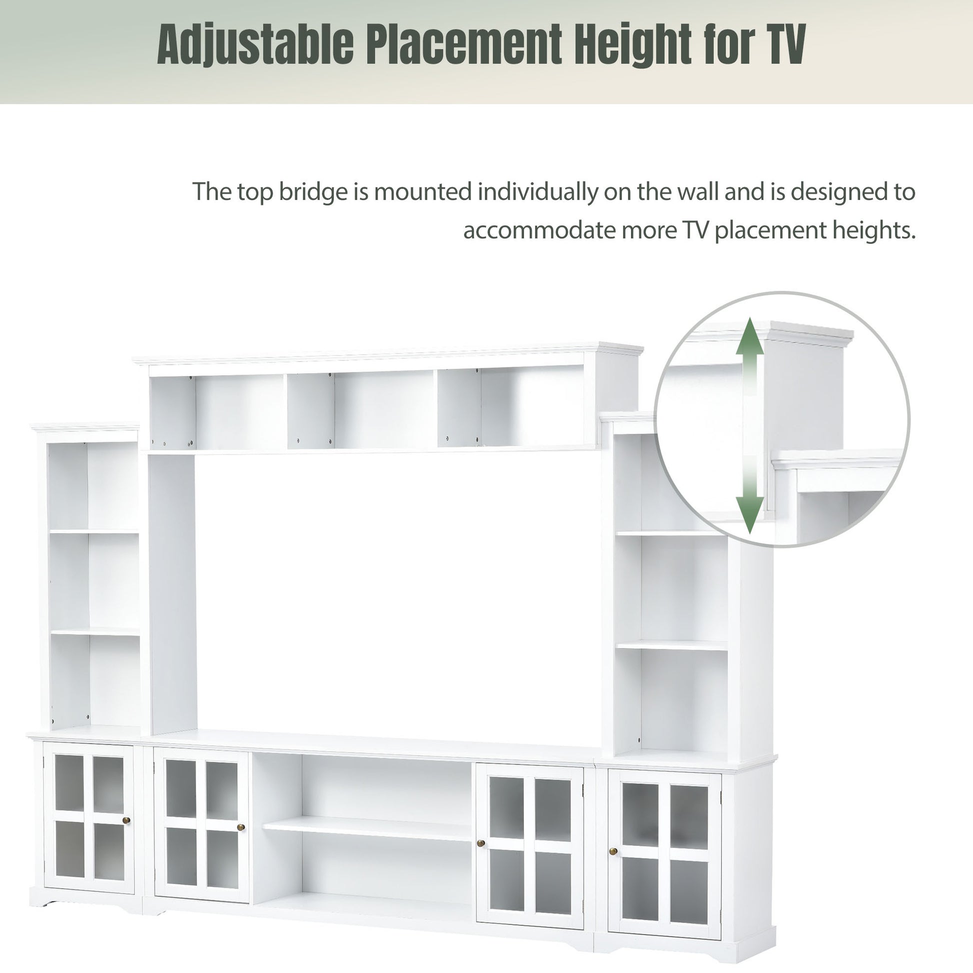 Minimalism Entertainment Wall Unit With Bridge, Modern Tv Console Table For Tvs Up To 70", Multifunctional Tv Stand With Tempered Glass Door, White Old Sku: Sd000009Aak White 70 79 Inches Particle Board