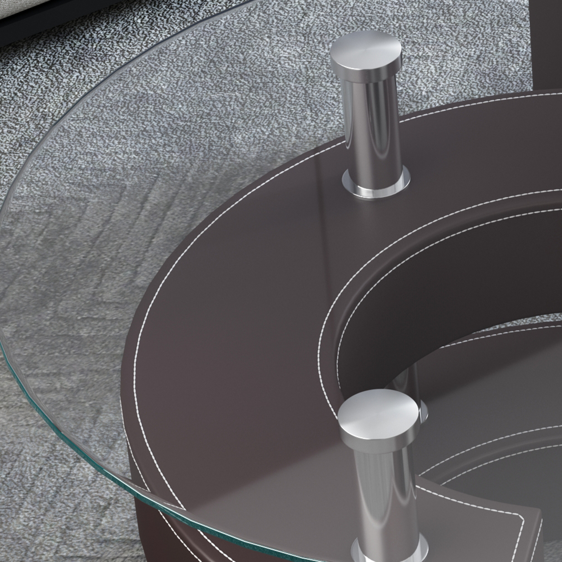 3 Pieces Coffee Table Set, Oval 10Mm 0.39" Thick Tempered Glass Table And 2 Leather Stools Brown Tempered Glass