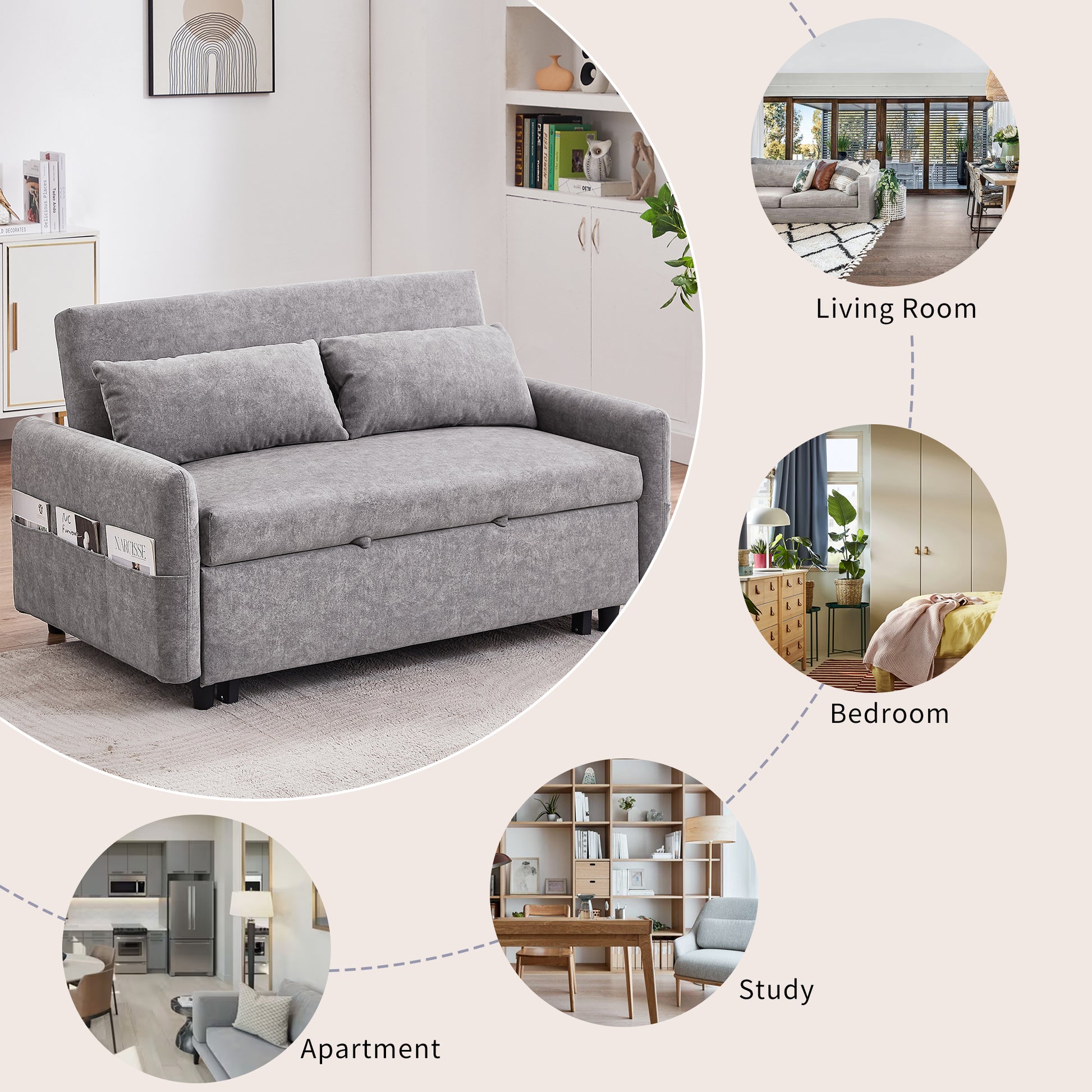 55.1" Pull Out Sleep Sofa Bed Loveseats Sofa Couch With Adjsutable Backrest, Storage Pockets, 2 Soft Pillows, Usb Ports For Living Room, Bedroom, Apartment, Office,Grey Old Sku:Wf315689Aae Grey Foam Microfiber 2 Seat