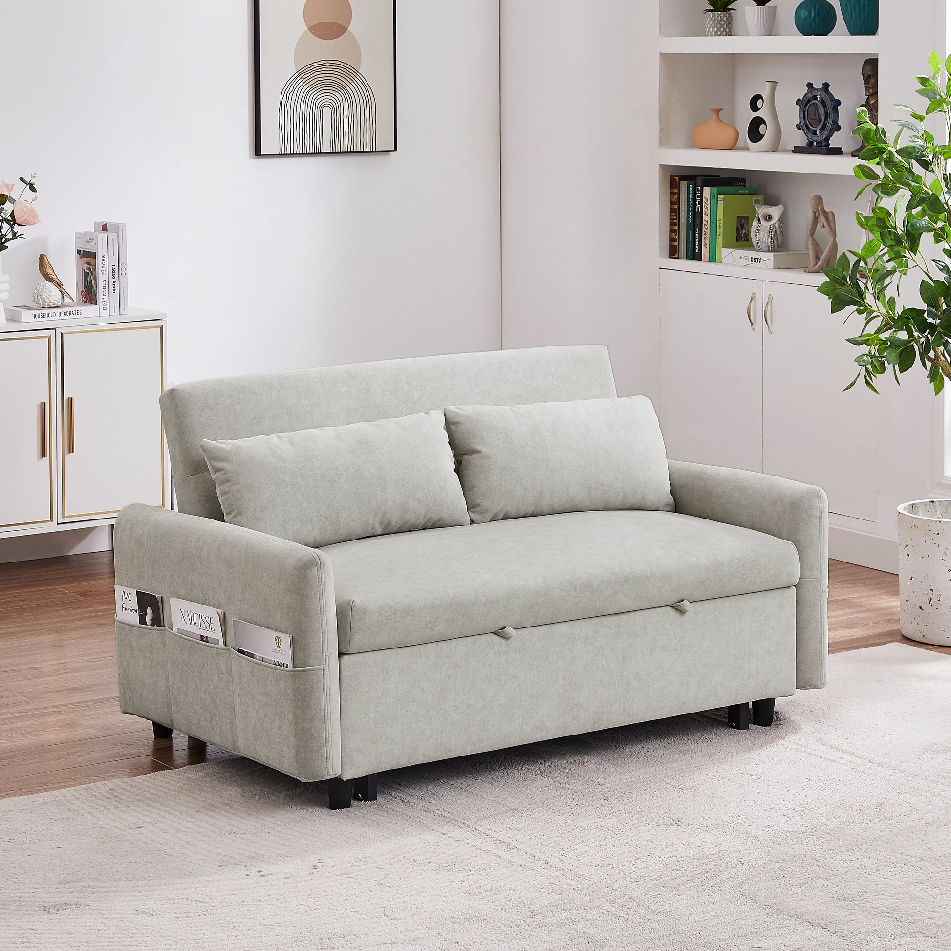 55.1" Pull Out Sleep Sofa Bed Loveseats Sofa Couch With Adjsutable Backrest, Storage Pockets, 2 Soft Pillows, Usb Ports For Living Room, Bedroom, Apartment, Office, Beige Old Sku: Wf315689Aaa Beige Foam Microfiber 2 Seat