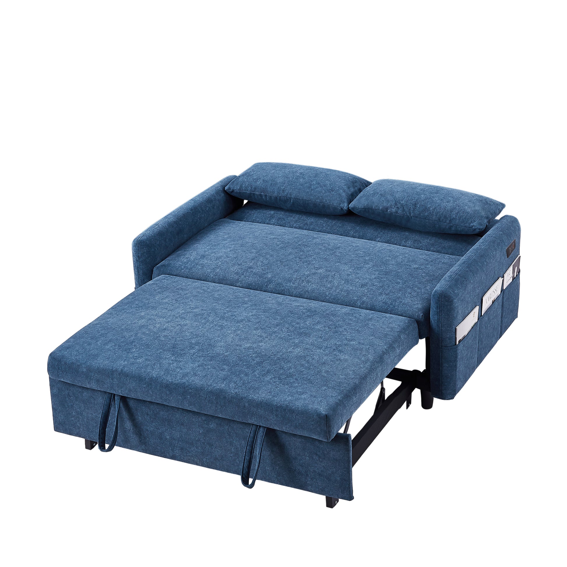 55.1" Pull Out Sleep Sofa Bed Loveseats Sofa Couch With Adjsutable Backrest, Storage Pockets, 2 Soft Pillows, Usb Ports For Living Room, Bedroom, Apartment, Office, Blue Old Sku: Wf315689Aac Blue Foam Microfiber 2 Seat
